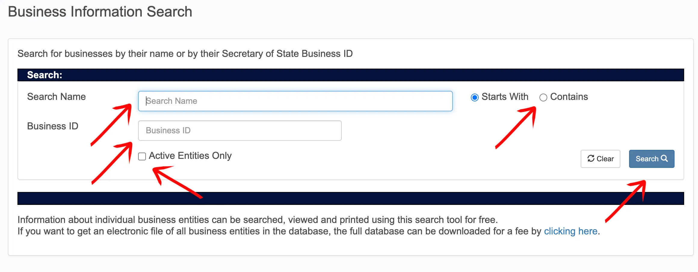 South Dakota search page showing search parameters and matching options