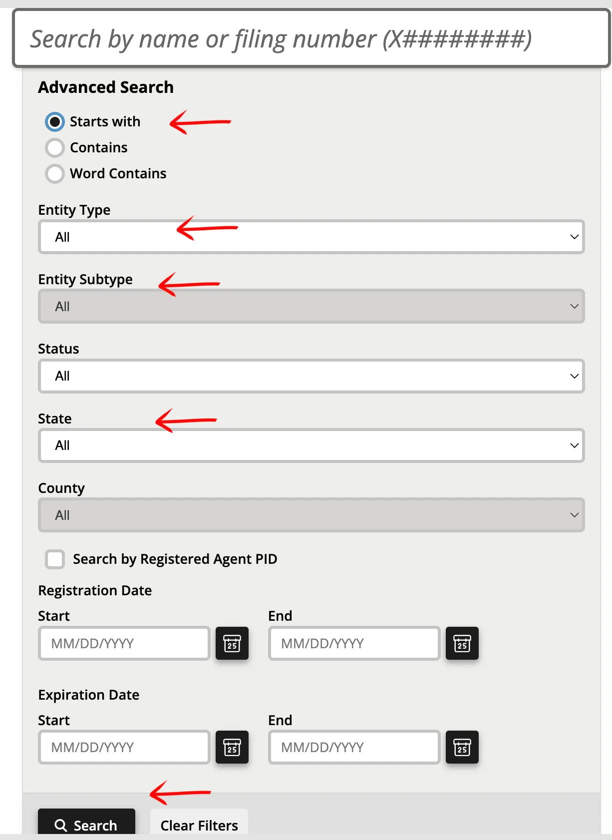 Montana search page showing the search input box and advanced filter options
