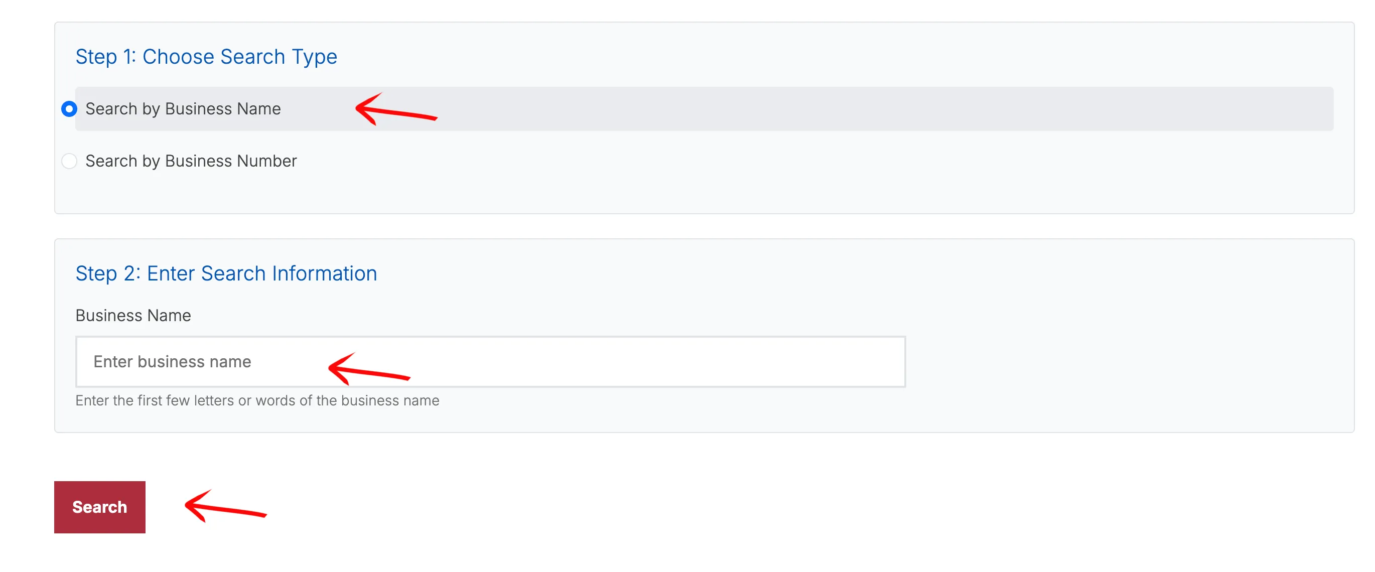 Iowa business entity search form highlighting Business Name, the name input, and Search button