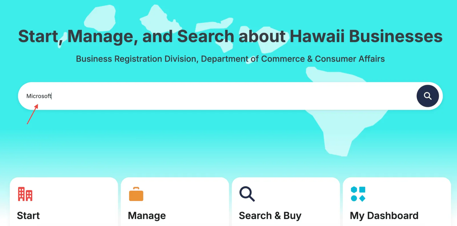 Hawaii Business Express search bar with a business name typed in