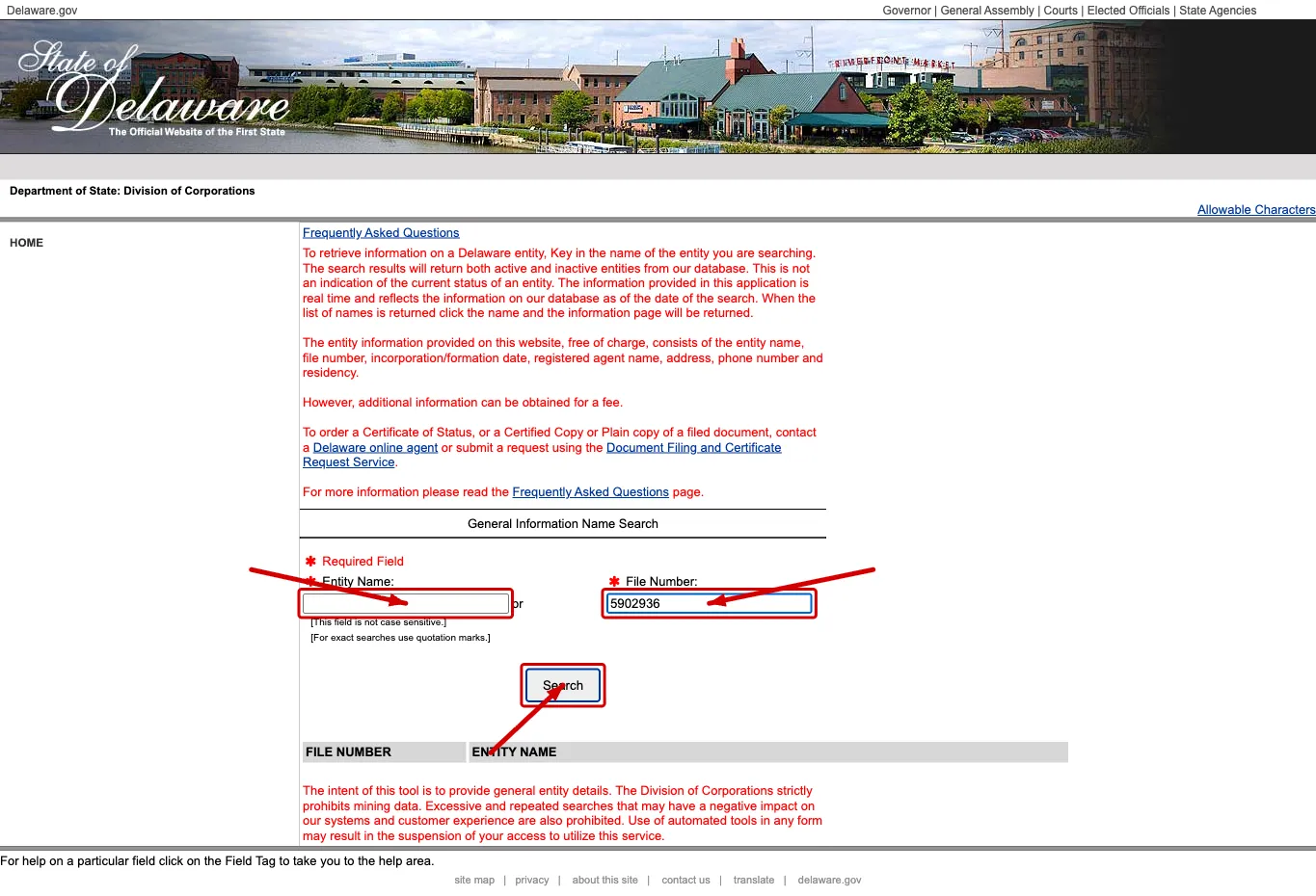 Delaware entity search form with entity name and file number fields