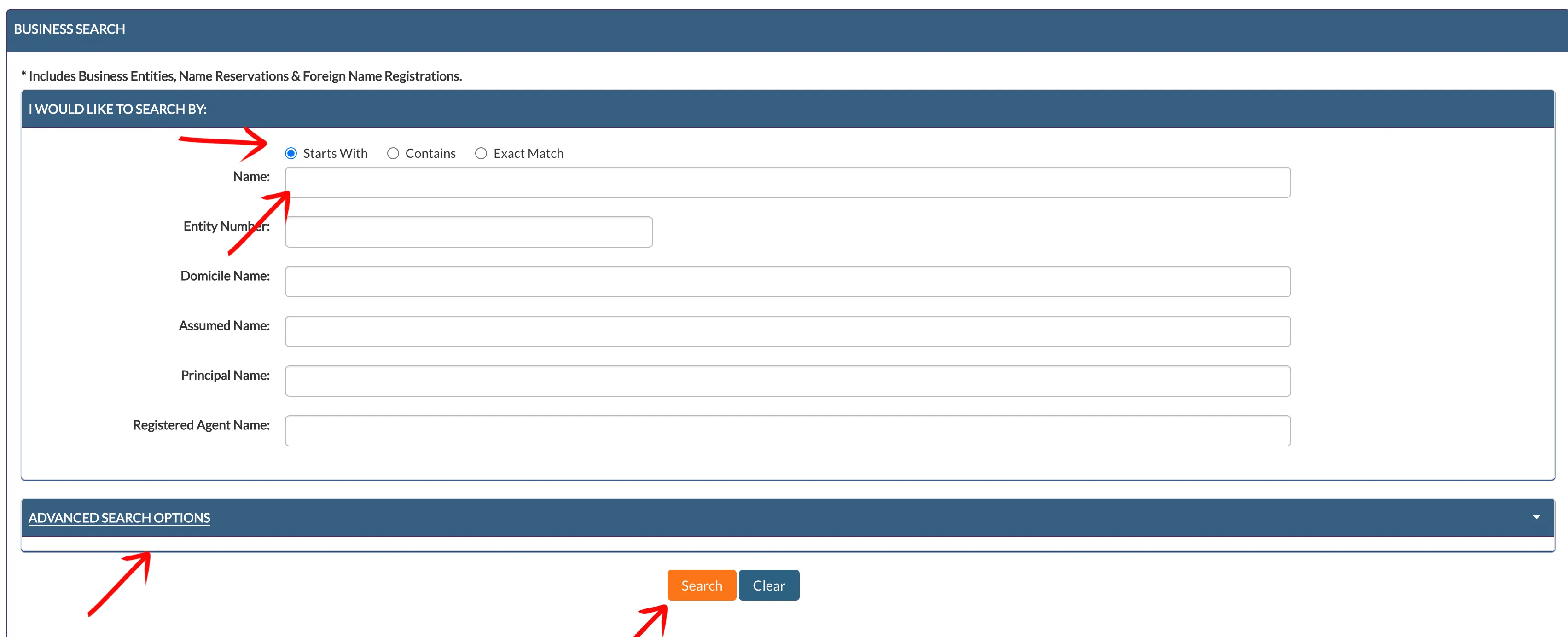 Utah business search form displaying search inputs and matching filters
