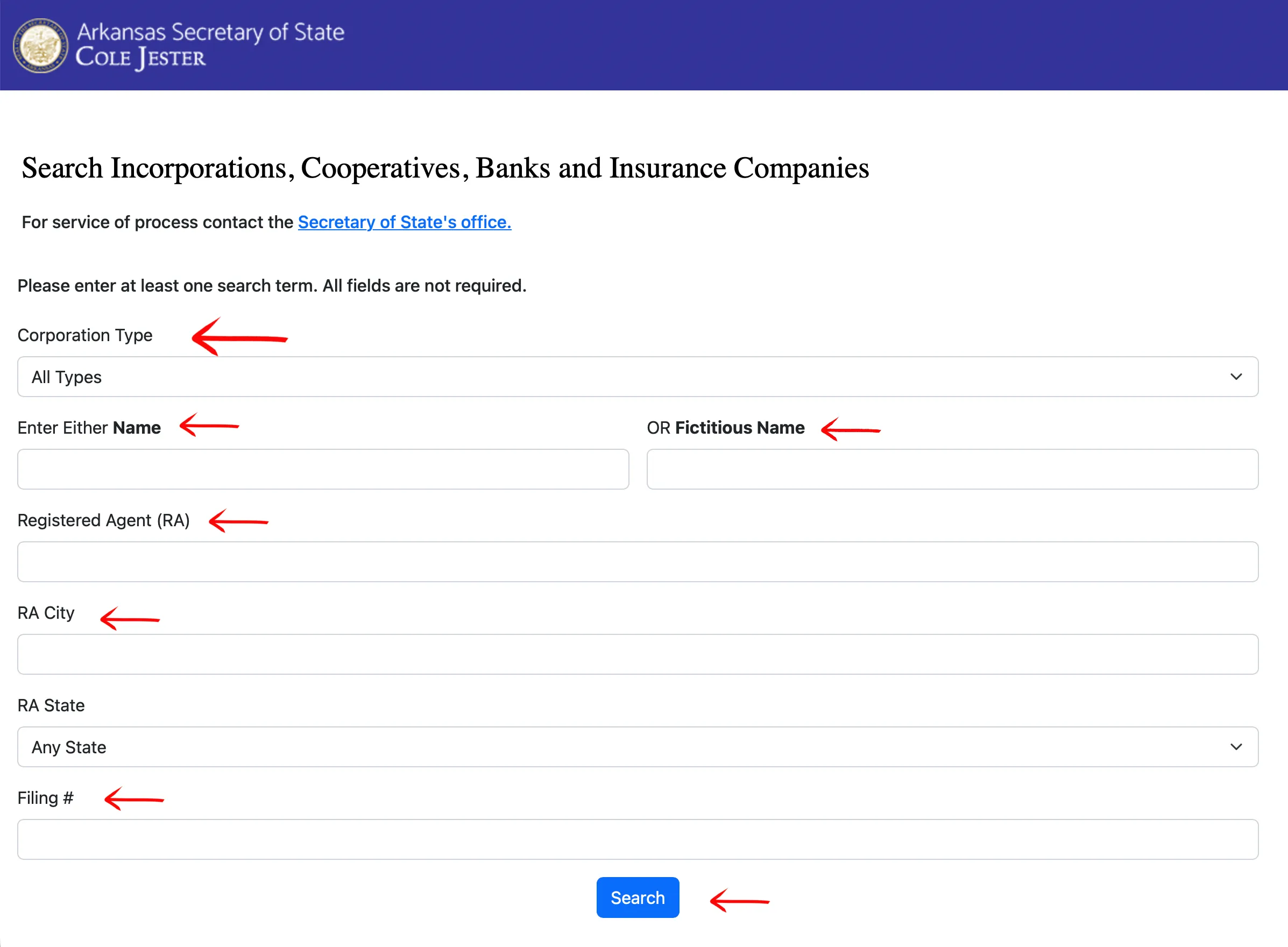 Arkansas search form with corporation type, name, registered agent, and filing number fields