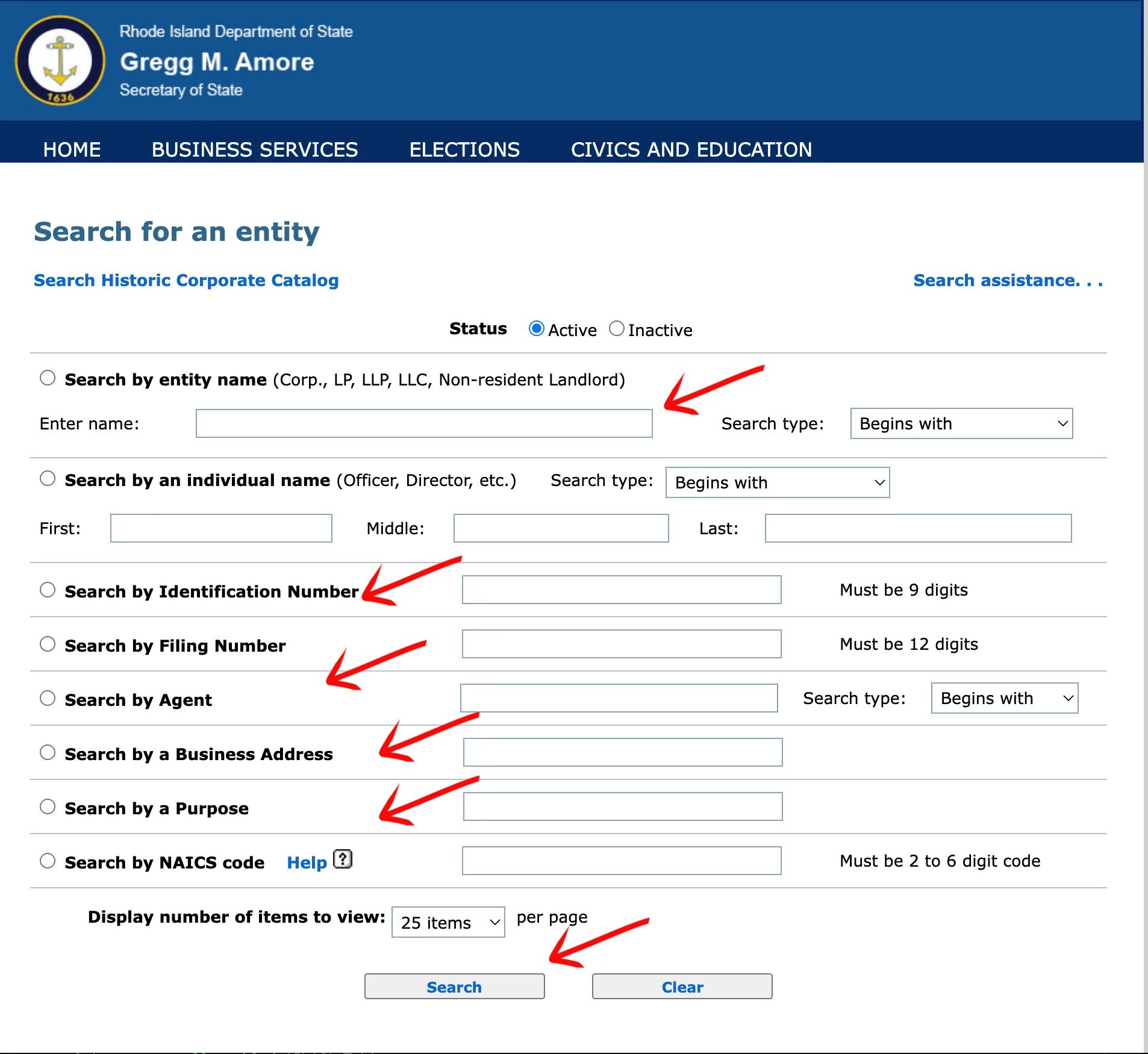 Rhode Island search inputs showing status, name search, and match filters