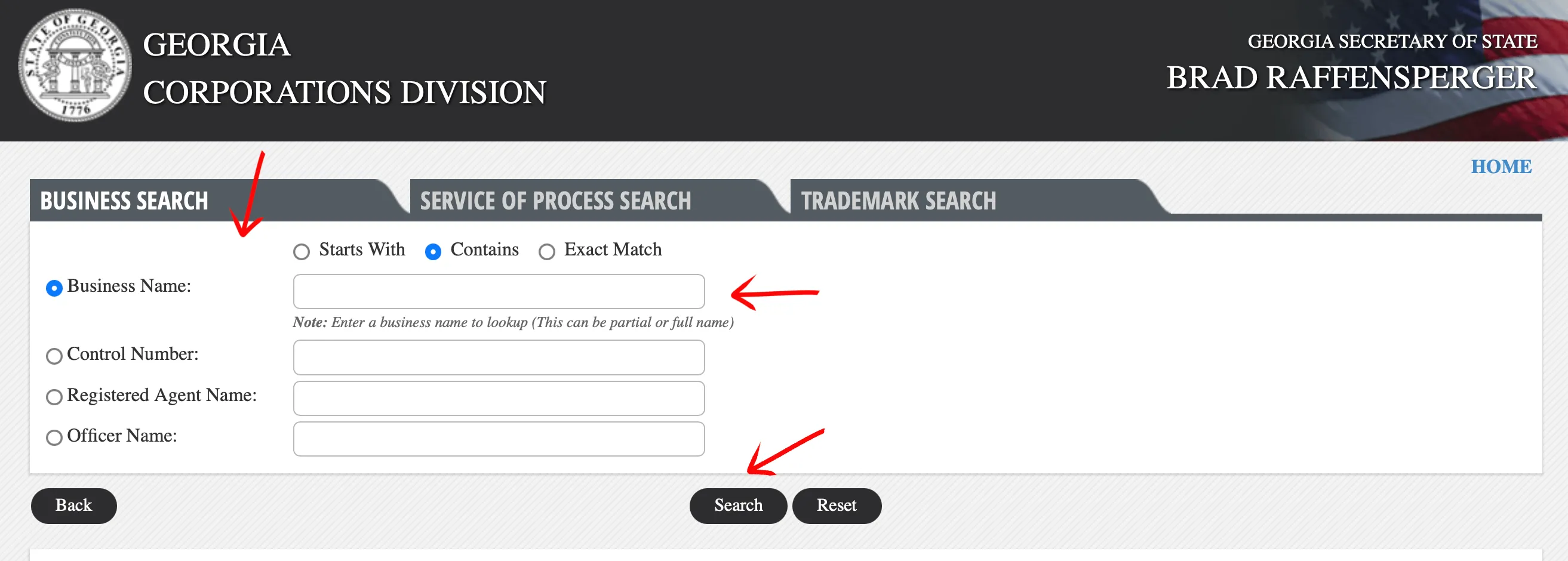 Georgia business entity search form with search type and match criteria radio buttons