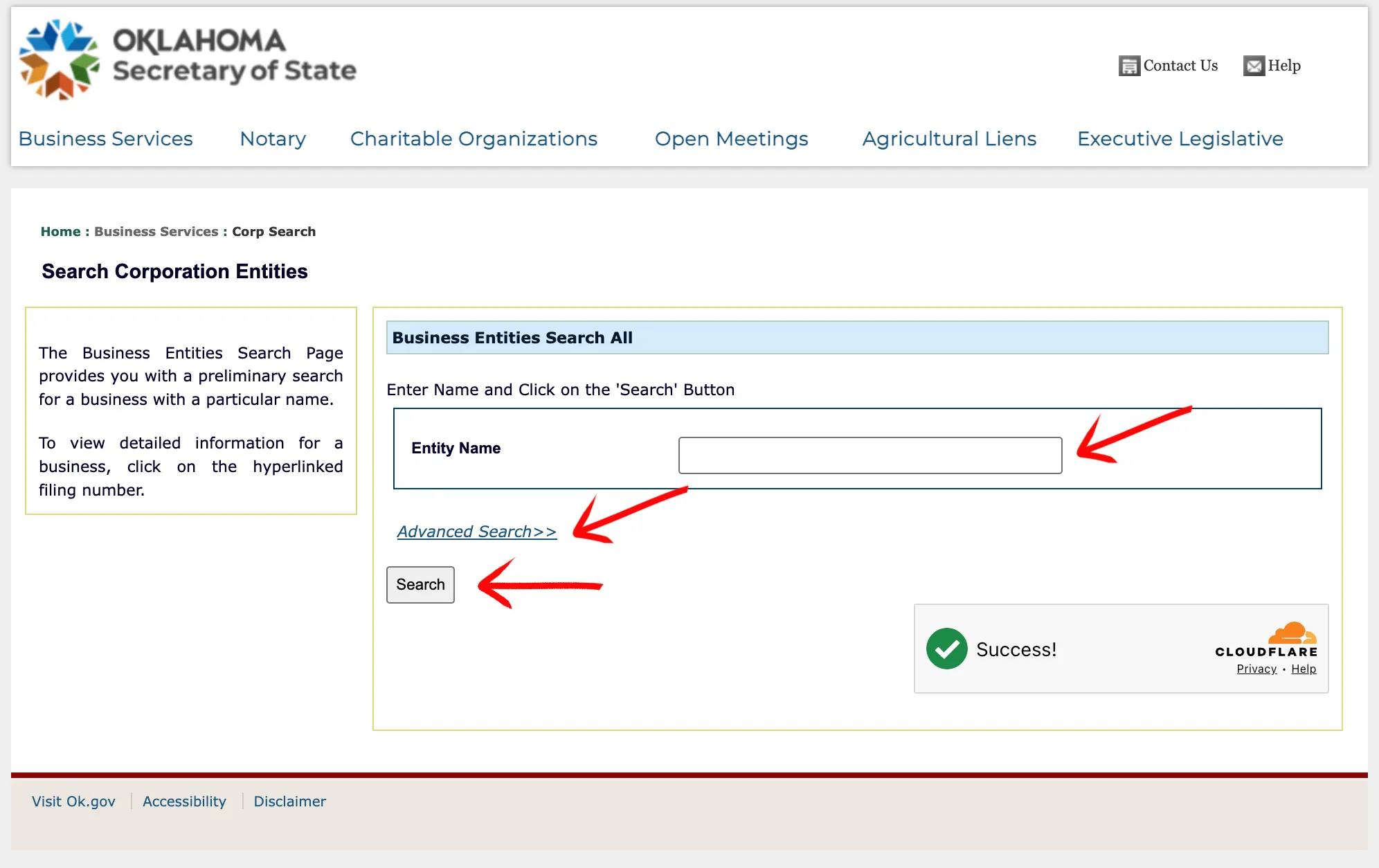 Oklahoma search interface displaying simple query and advanced filters link
