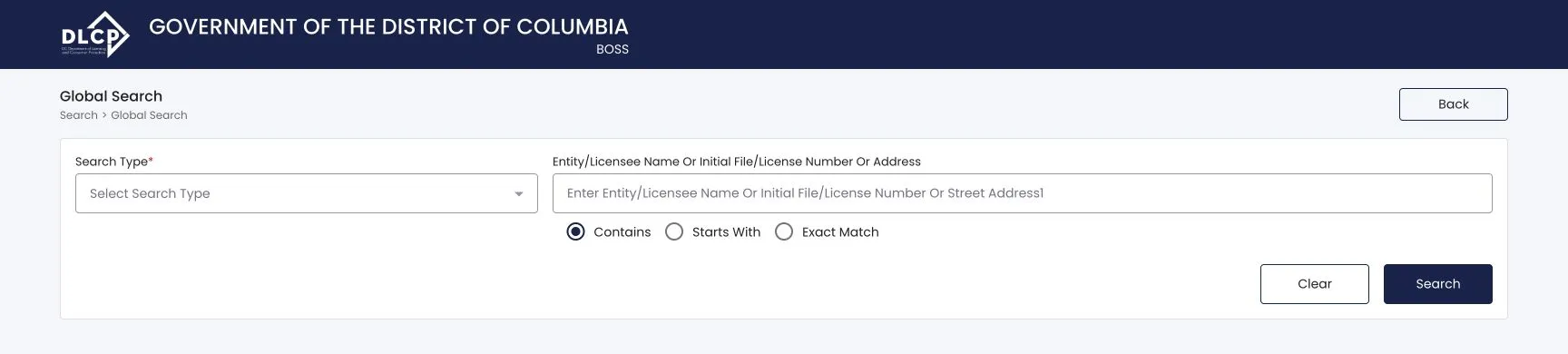 District of Columbia BOSS Global Search form with search type and name matching controls