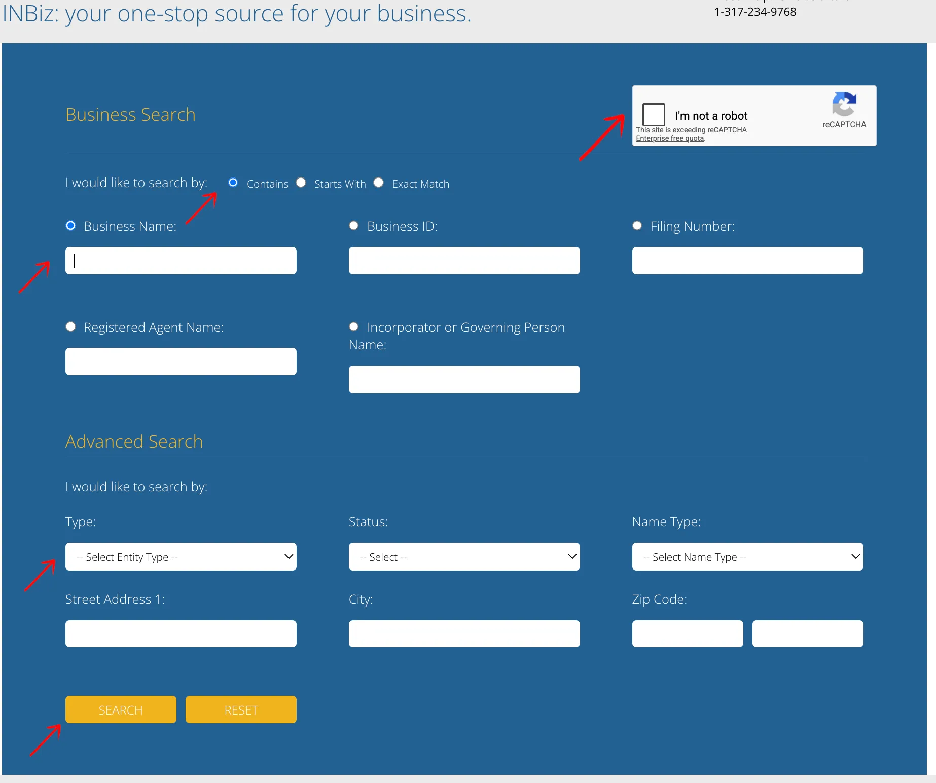 Indiana INBiz search form highlighting Contains, the business name field, advanced filters, verification, and Search button
