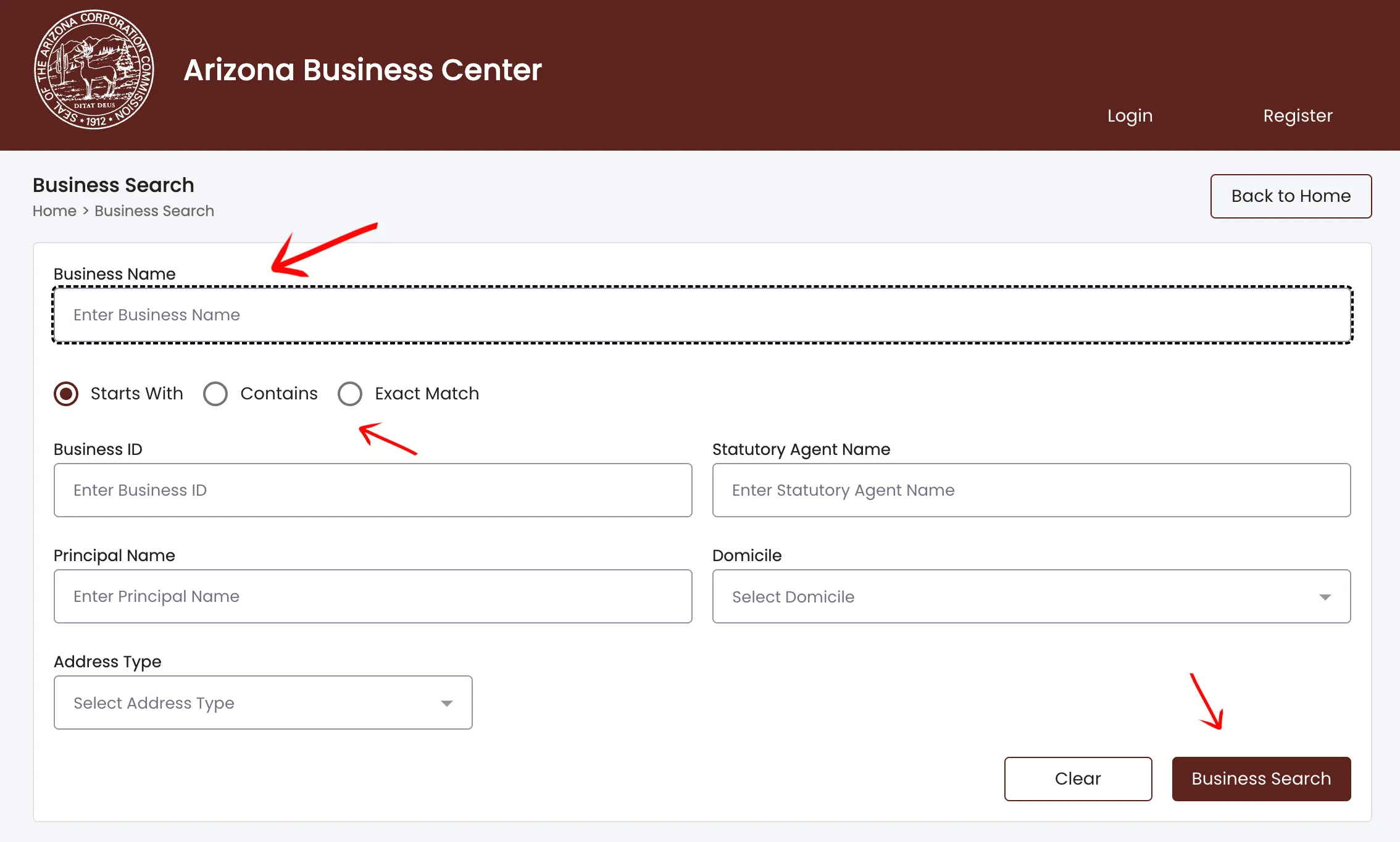Arizona entity search parameters input