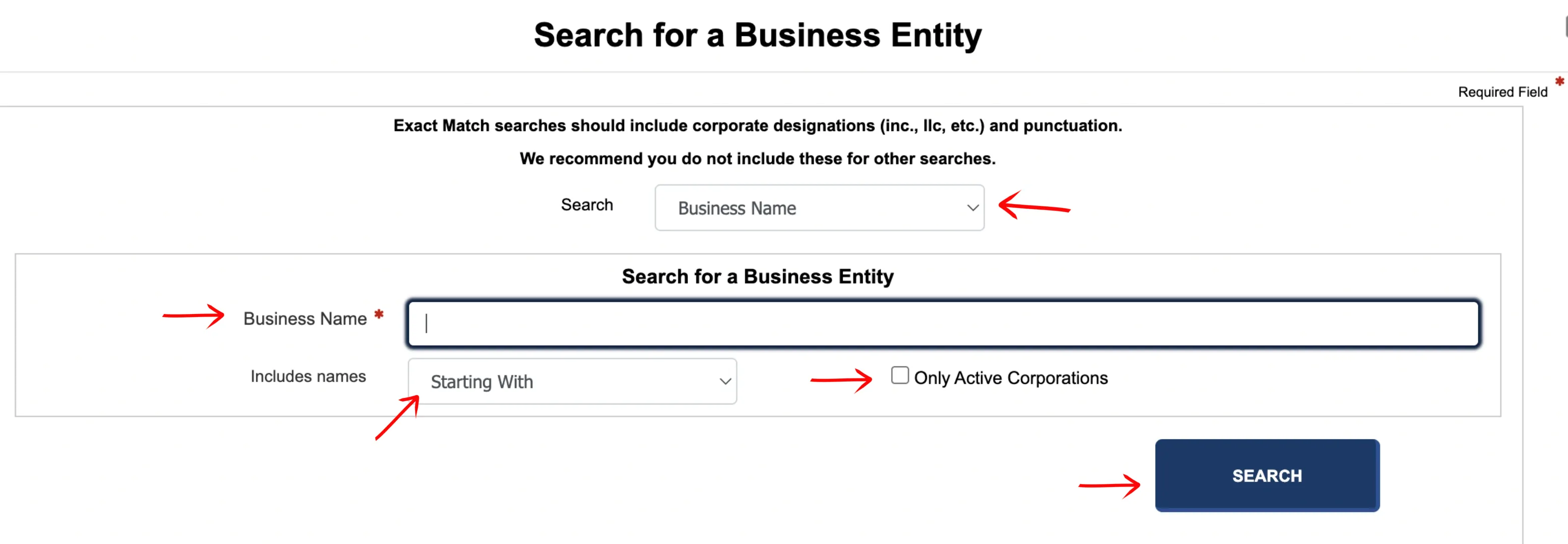 Missouri search page with search parameters dropdown and match type dropdown