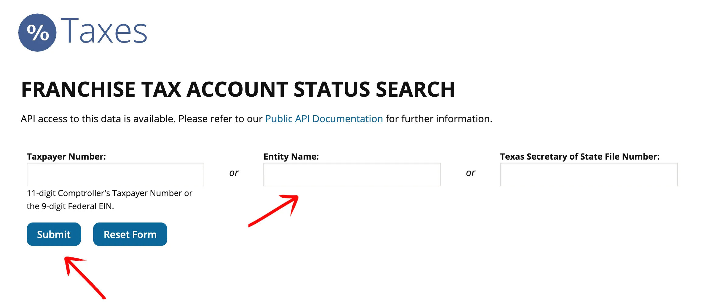 Texas search form with red arrows pointing to Entity Name text box and Submit button