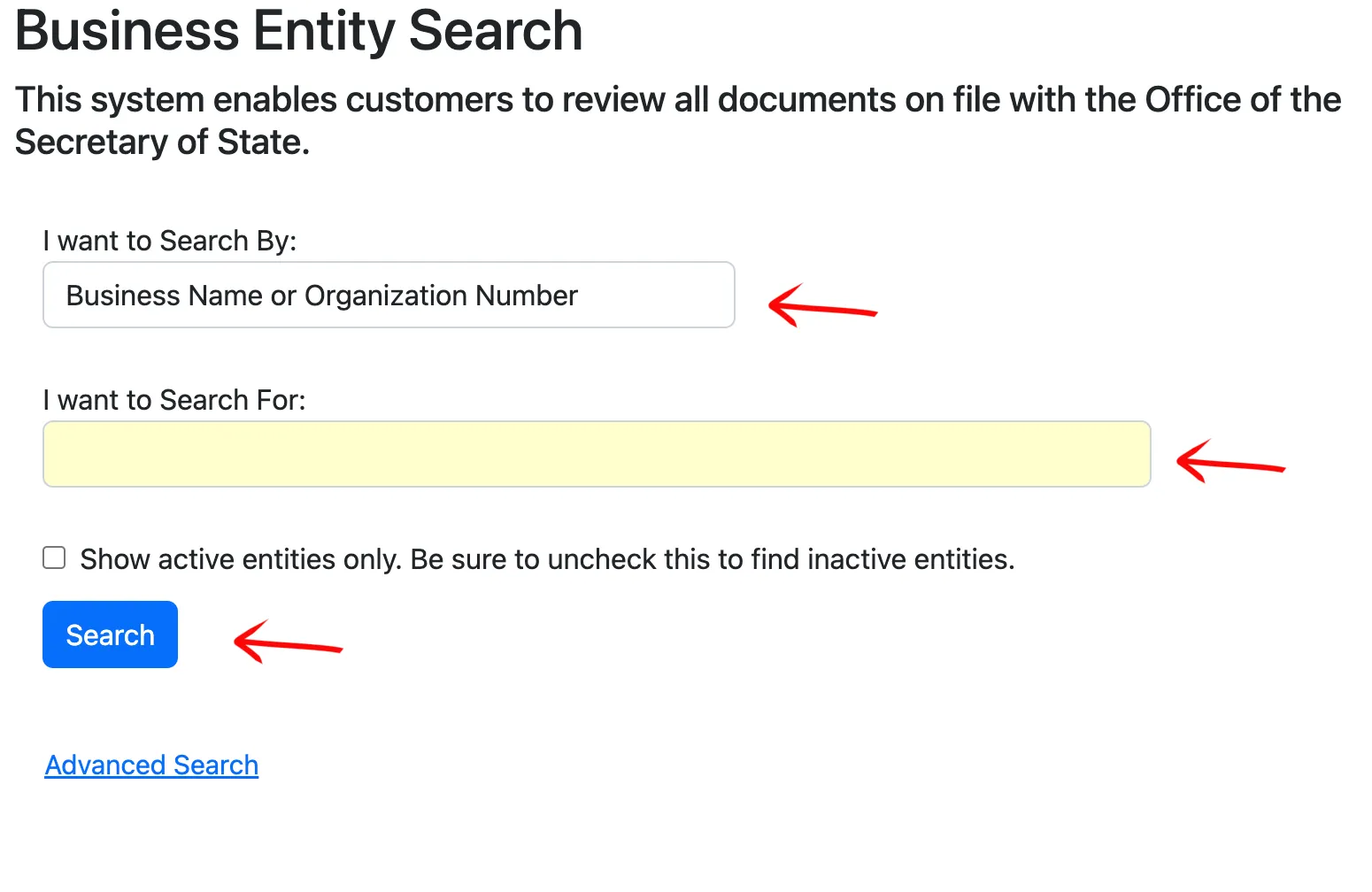 Kentucky business search form with search fields and search button highlighted