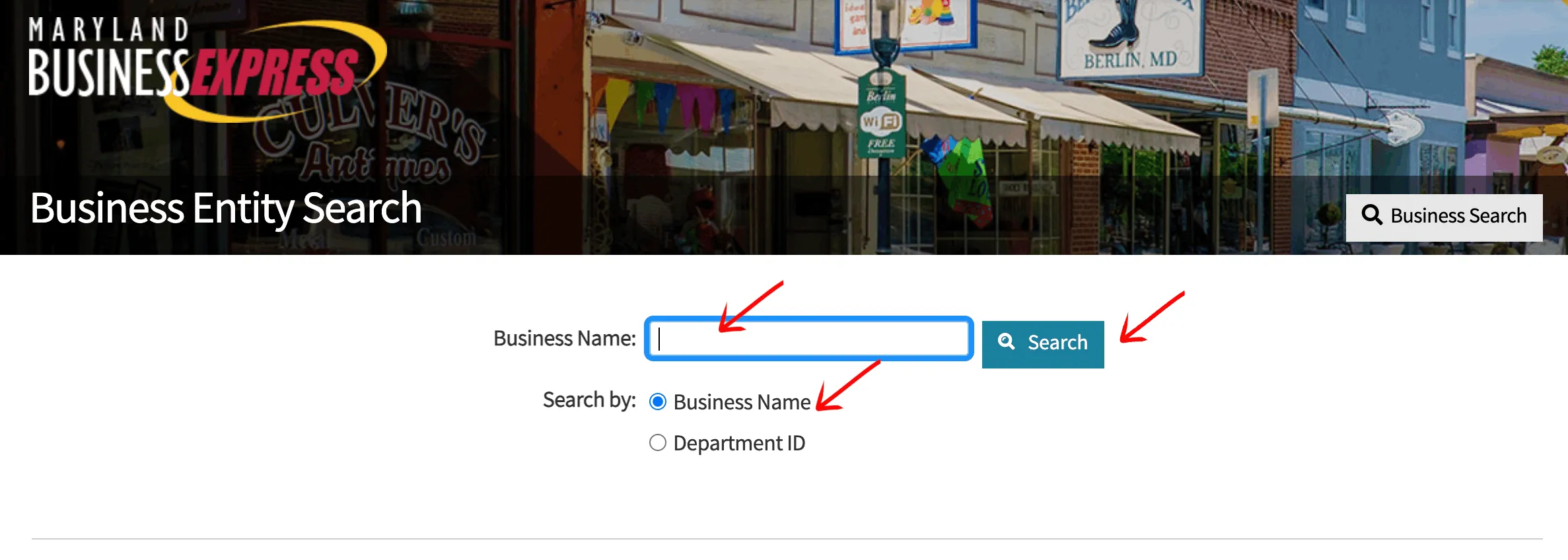 Maryland search page showing input text fields with red highlight arrows