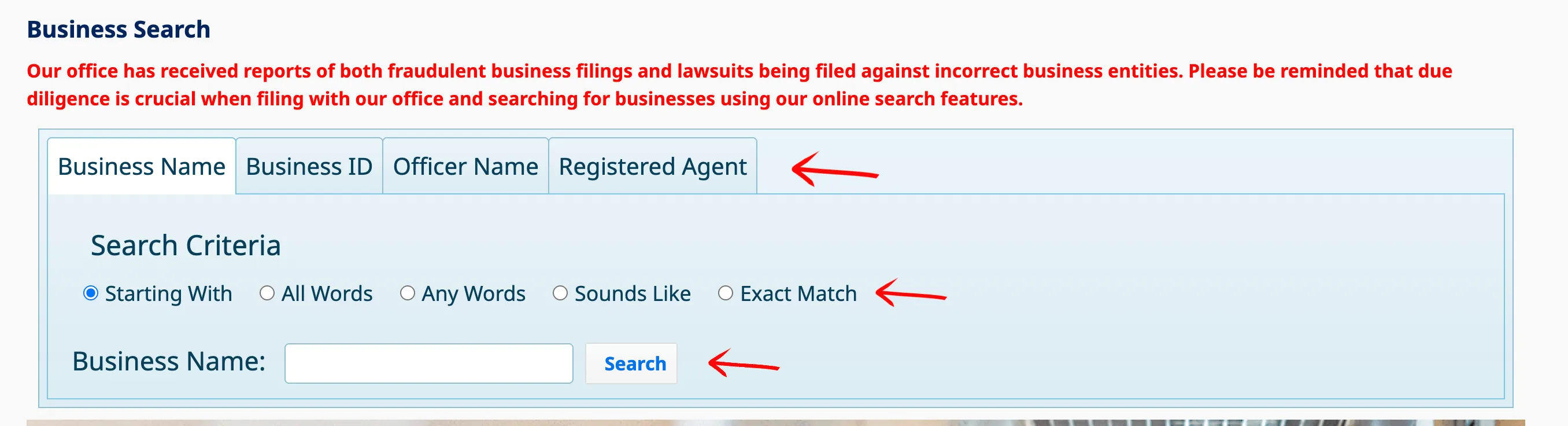 Mississippi search page with guide arrows pointing to tabs, criteria radio buttons, and the search input area