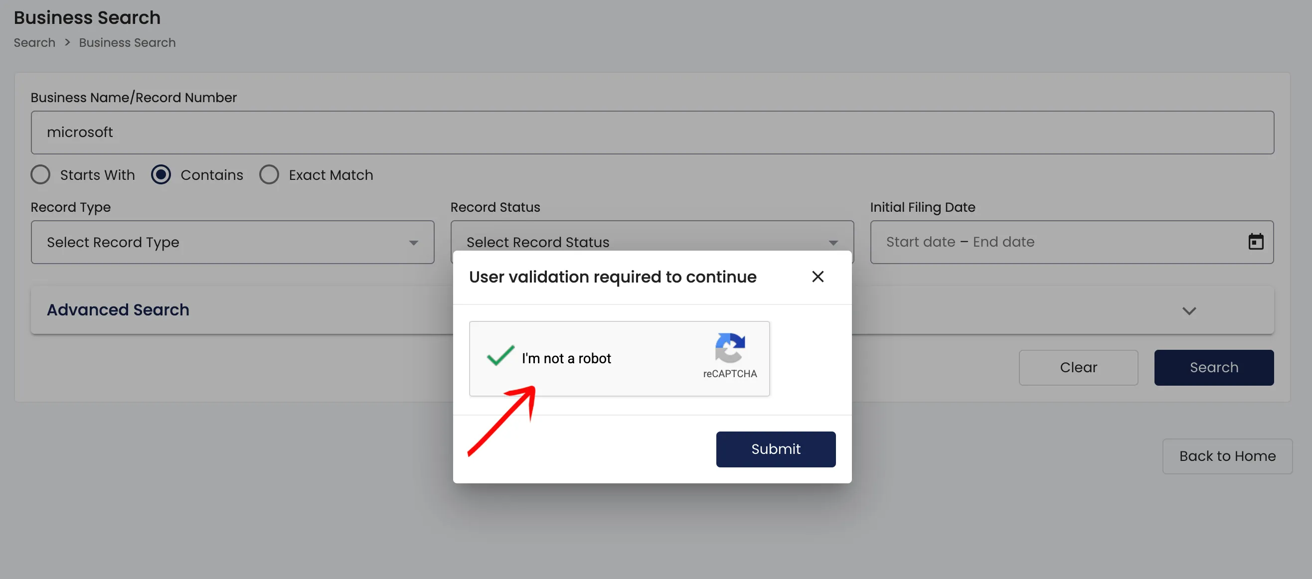 Vermont search page showing a reCAPTCHA security box with a checkmark