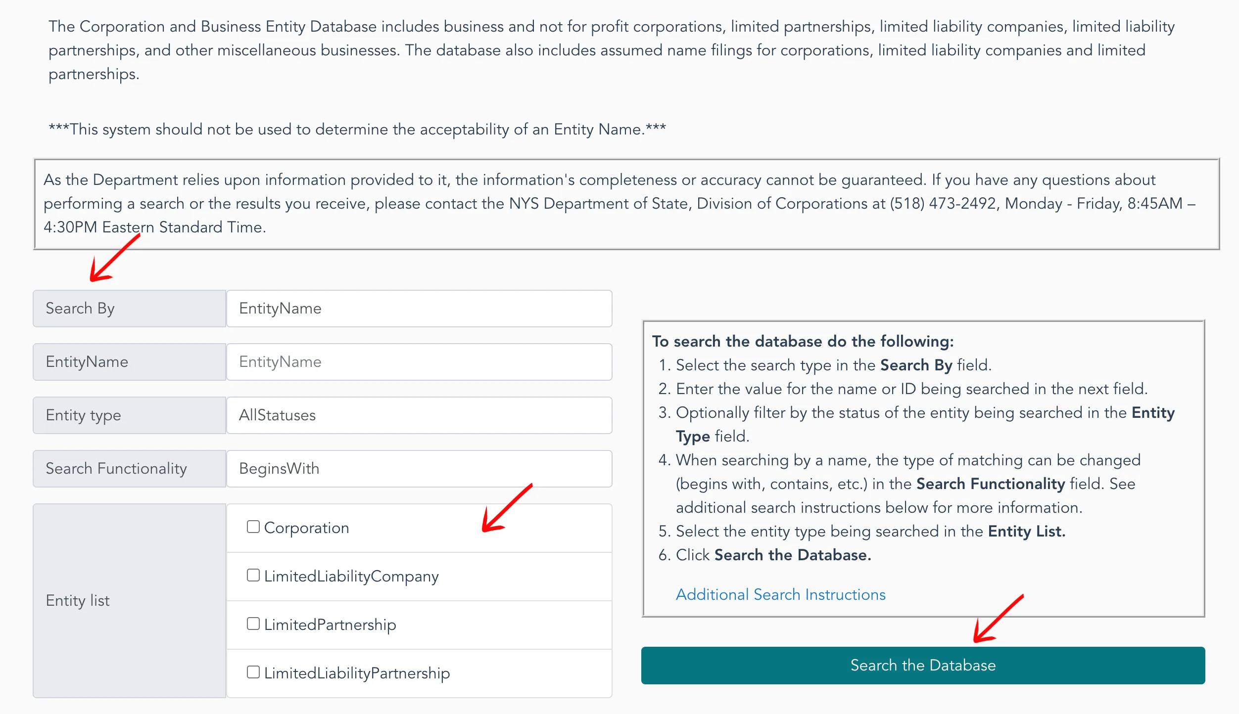 New York search parameters input page showing name search text field and search button