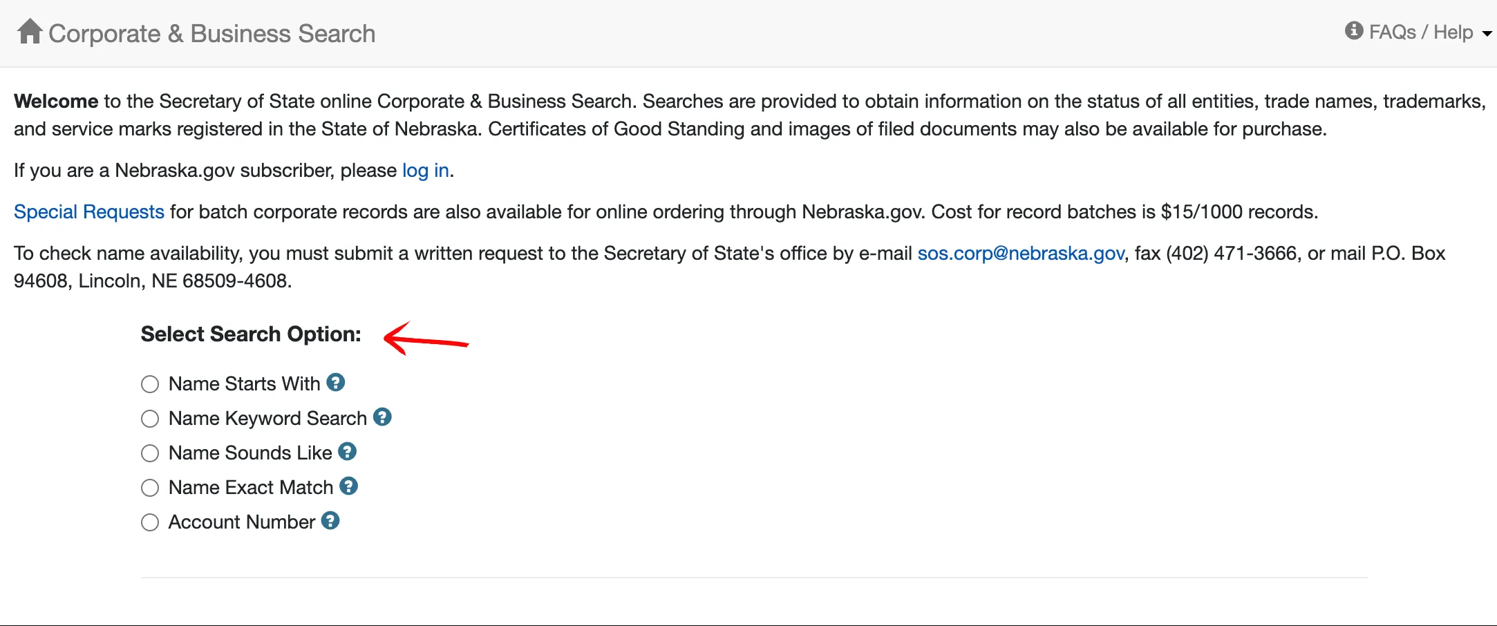 Nebraska search page with query entered and radio button chosen
