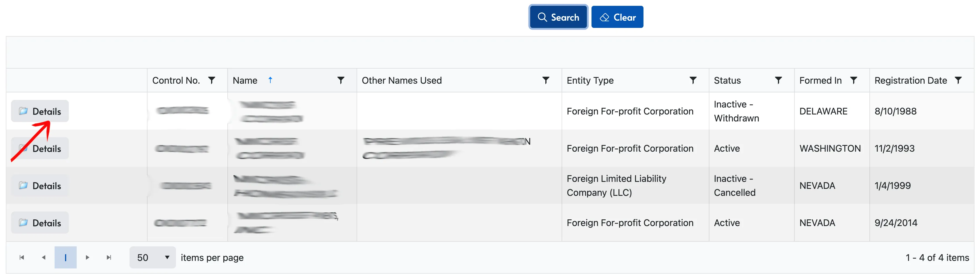 Tennessee search results table showing matching entities