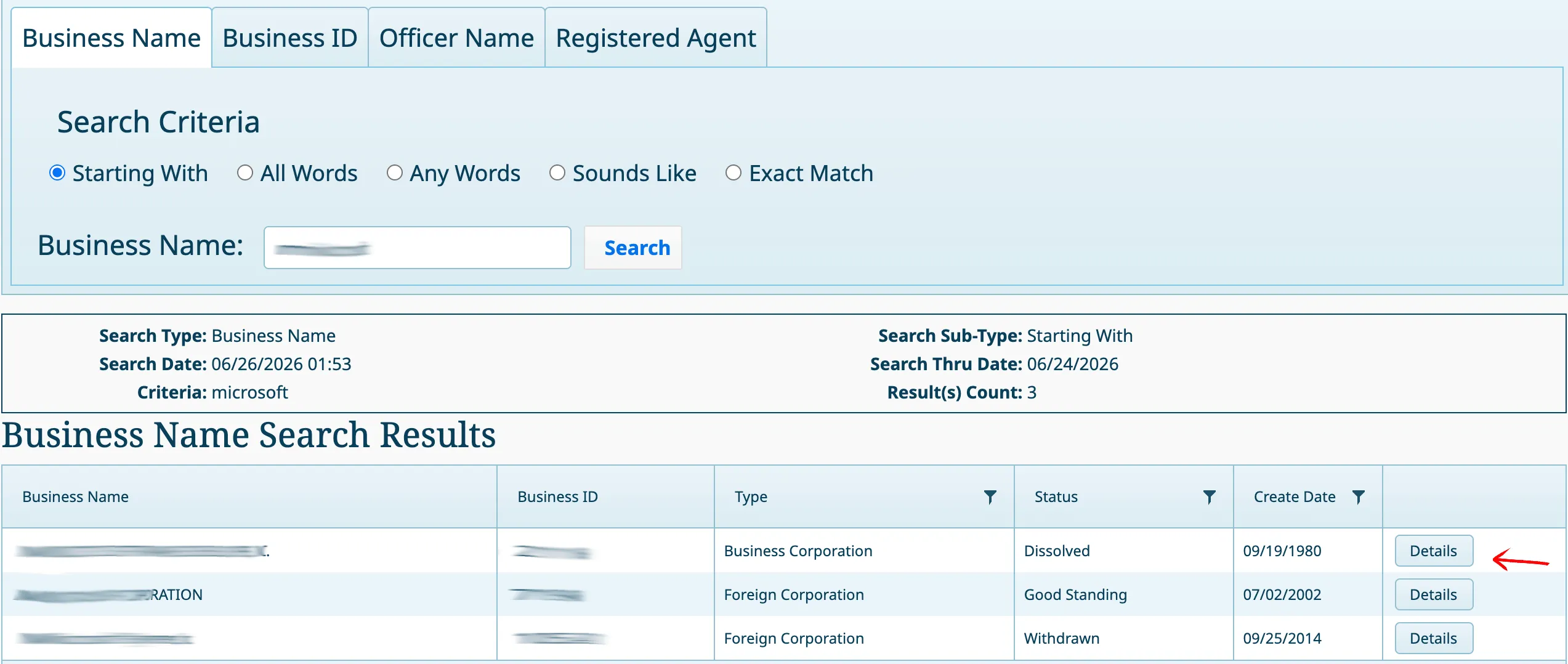 Mississippi business search results table displaying matching business names and status details