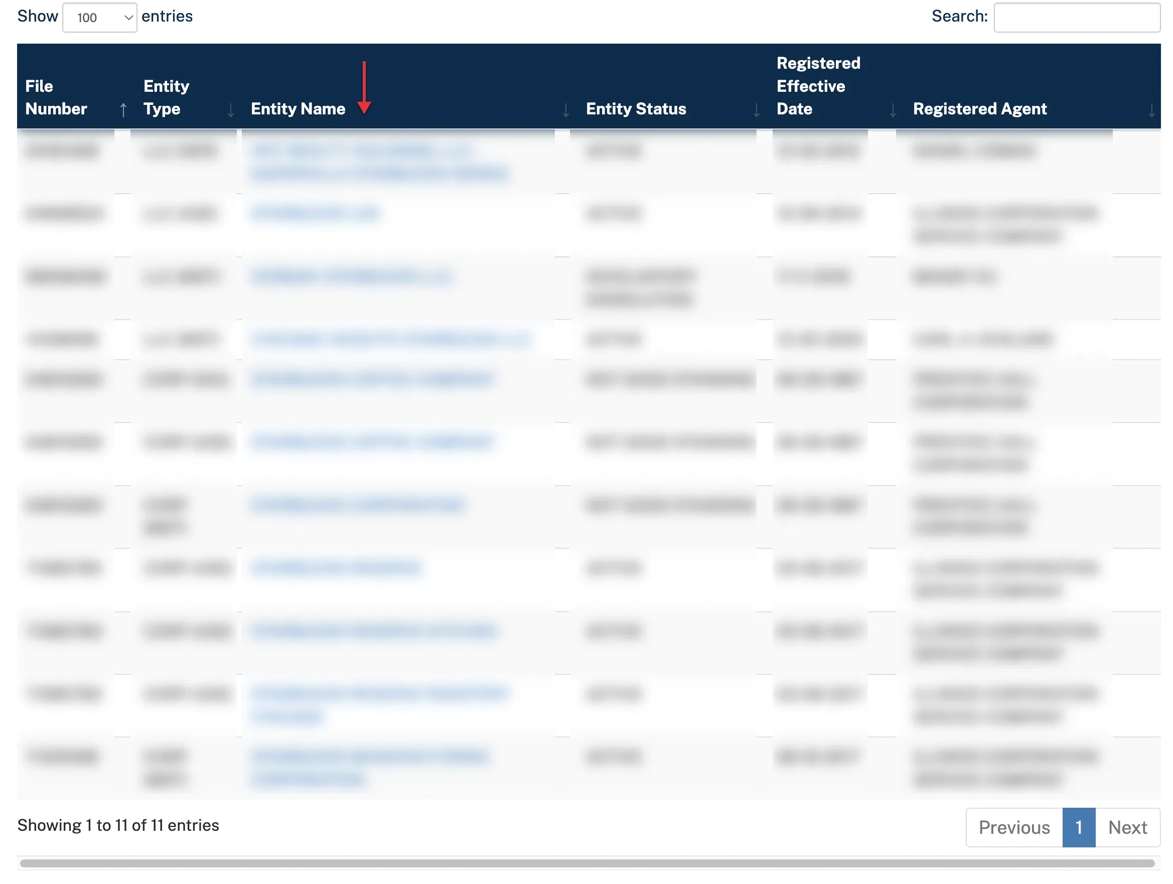 Illinois business entity search results table with file number, entity type, entity name, status, date, and registered agent columns
