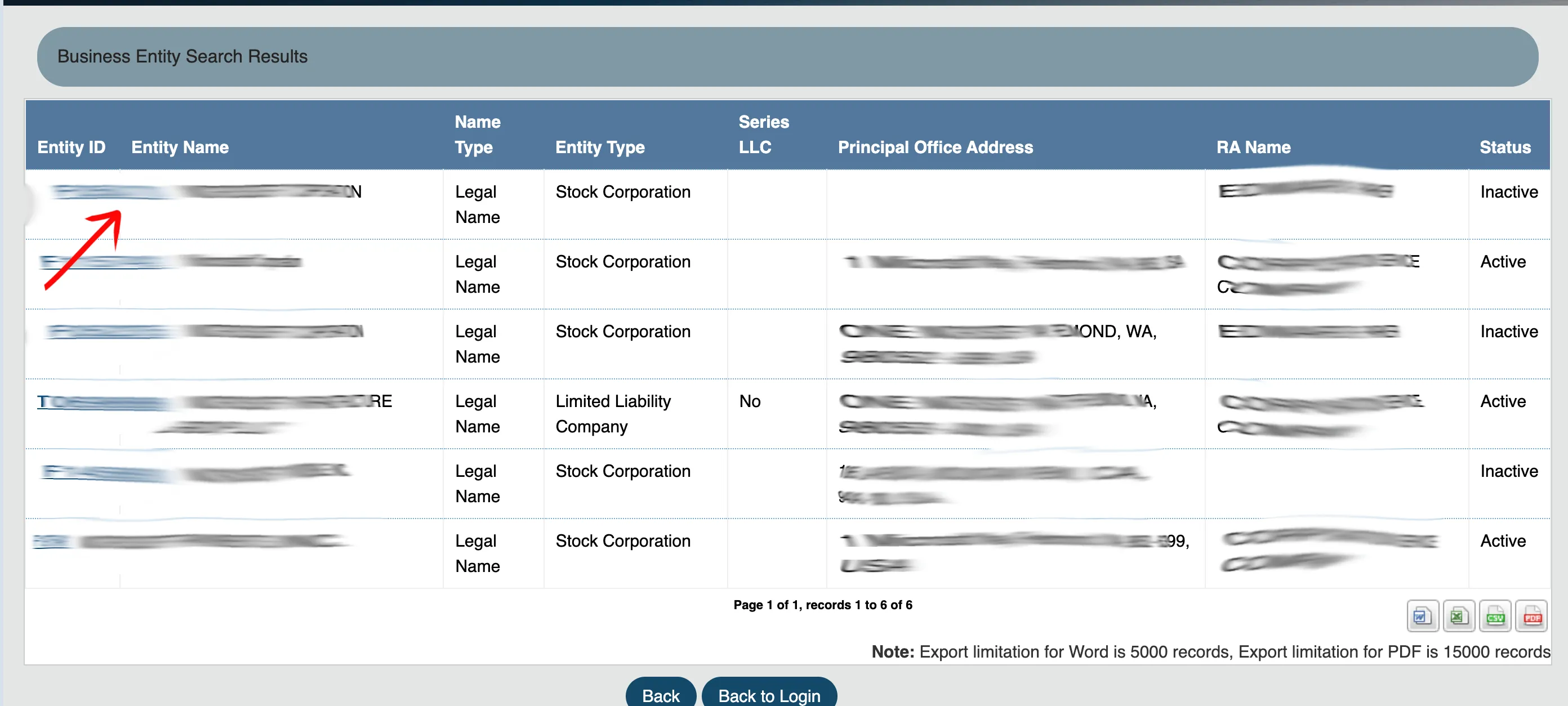 Virginia business search results table with columns for ID, name, status, and agent