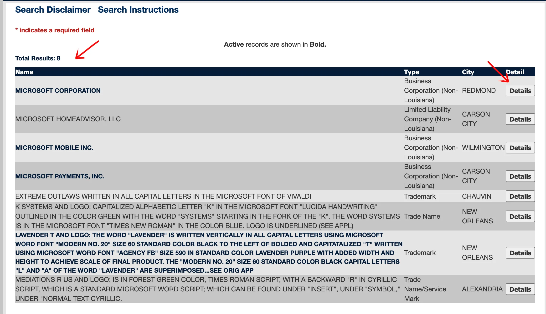 Louisiana commercial search results table