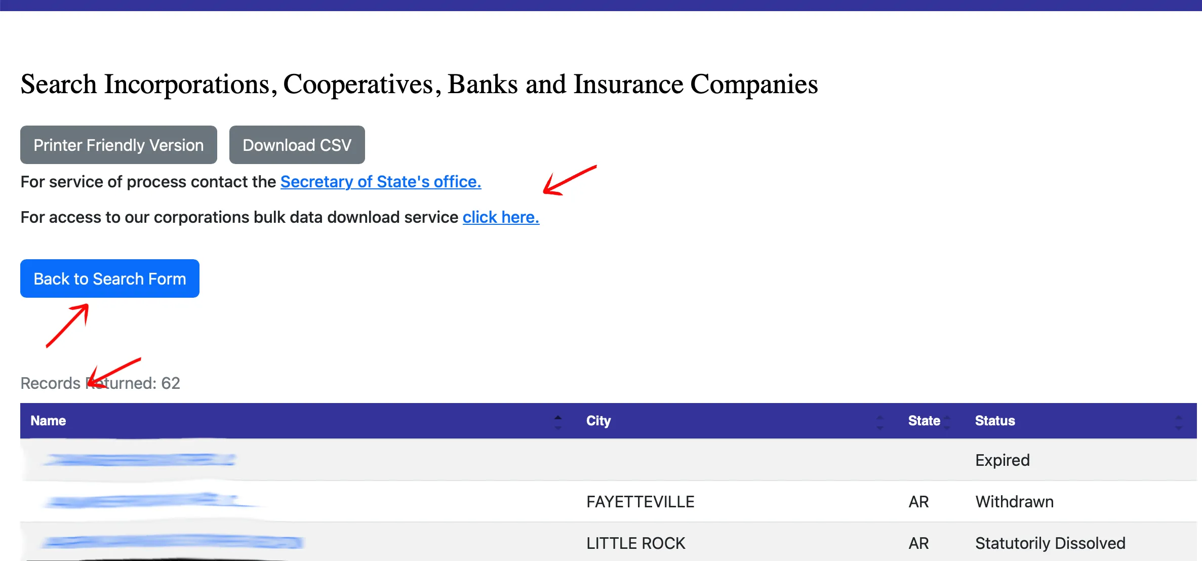 Arkansas business entity search results table with name, city, state, and status columns