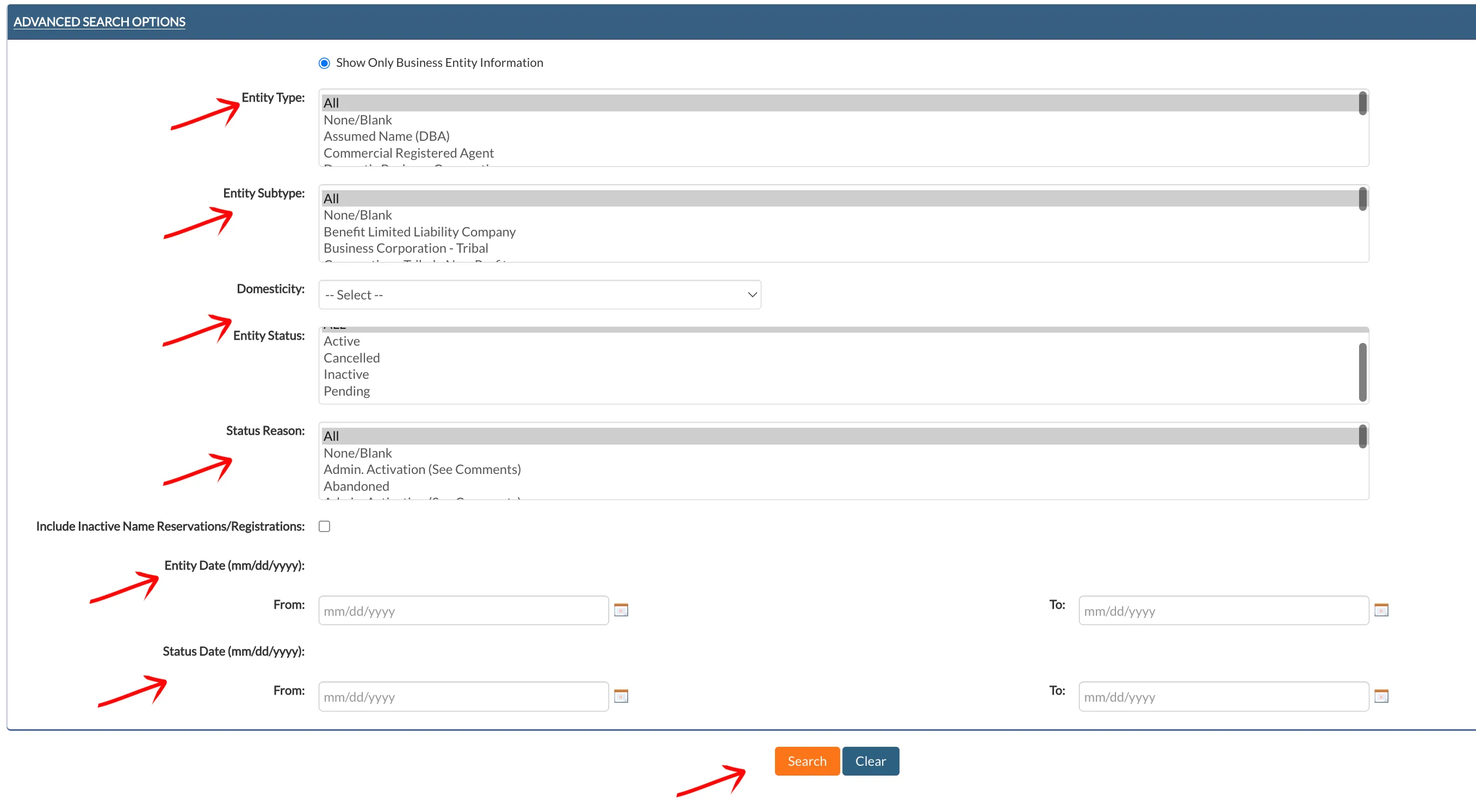 Utah advanced search options panel showing filters for Entity Type, Subtype, Status, and Date ranges