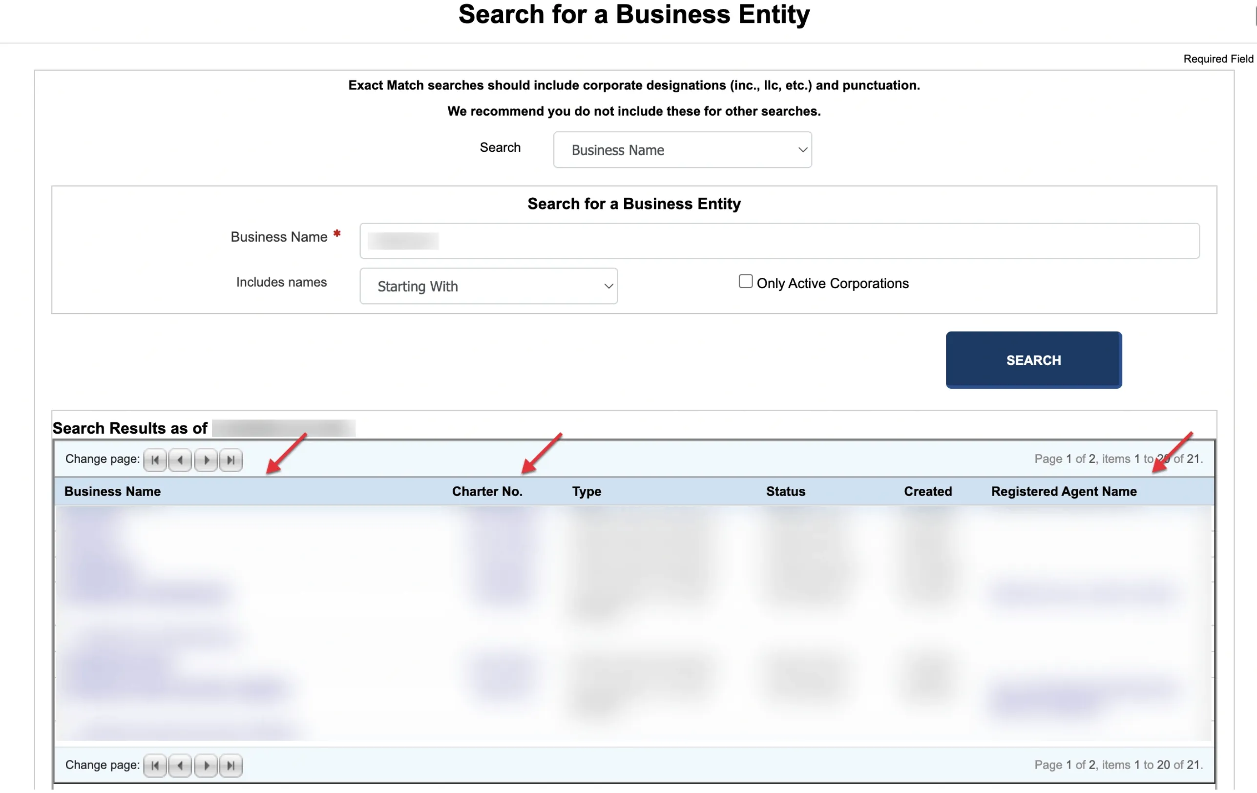 Missouri search results table listing matching business names, charter numbers, types, and statuses