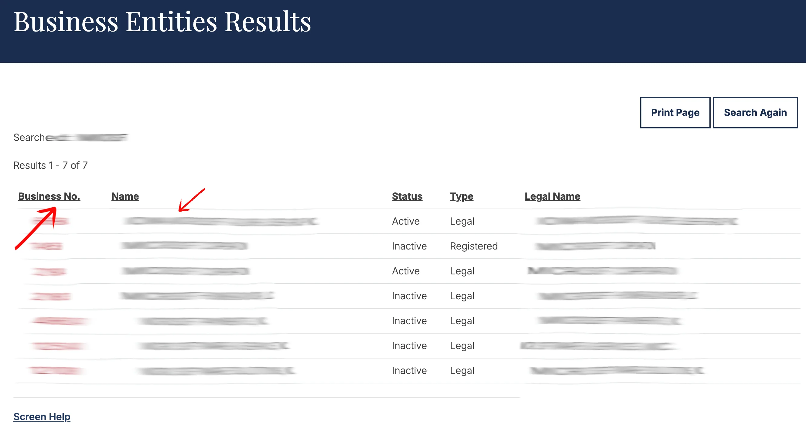Iowa Business Entities Results table showing Business No., Name, Status, Type, and Legal Name