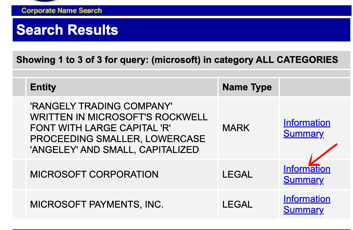 Maine business search results table showing matching entities