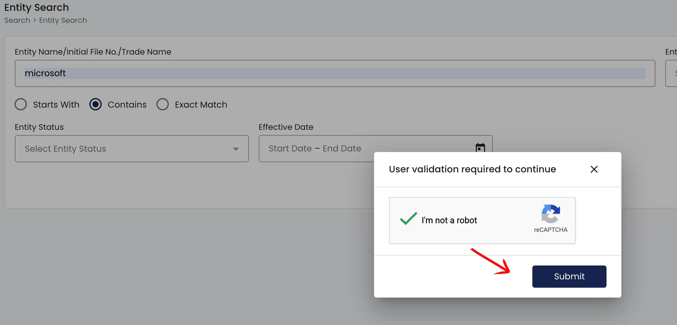 Security reCAPTCHA checkbox for user validation on CorpOnline portal