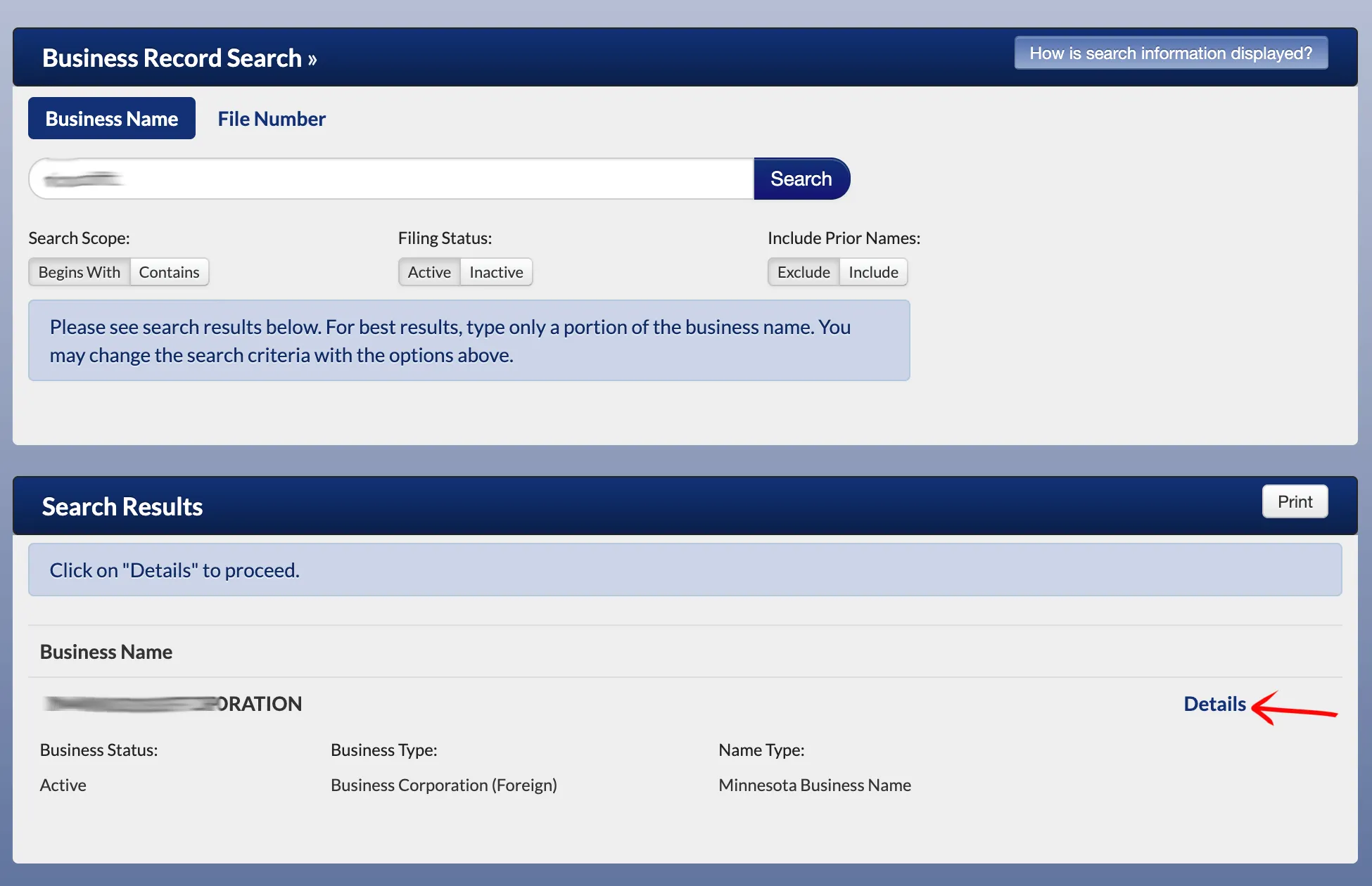 Minnesota business search results table displaying matching business names and status details