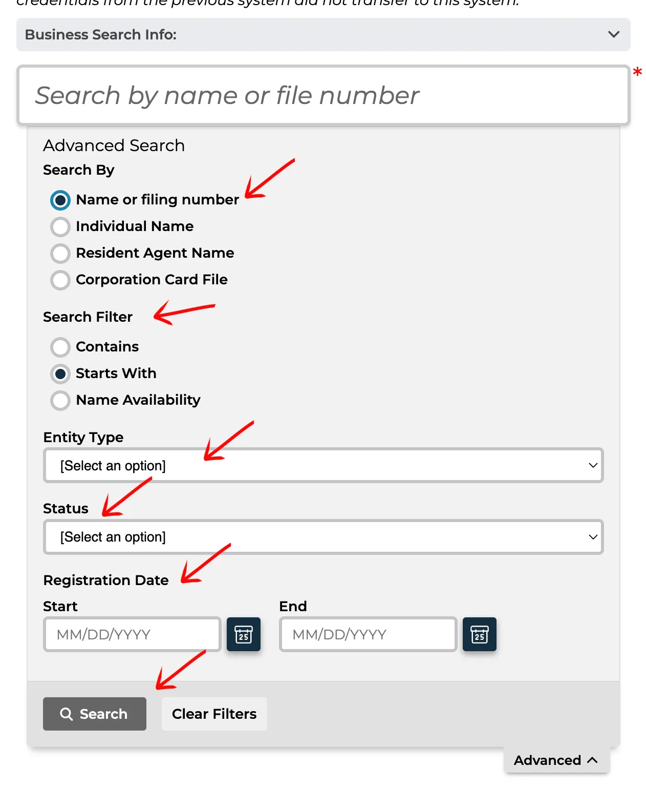 Michigan LARA Advanced Search options showing Search By and Search Filter criteria