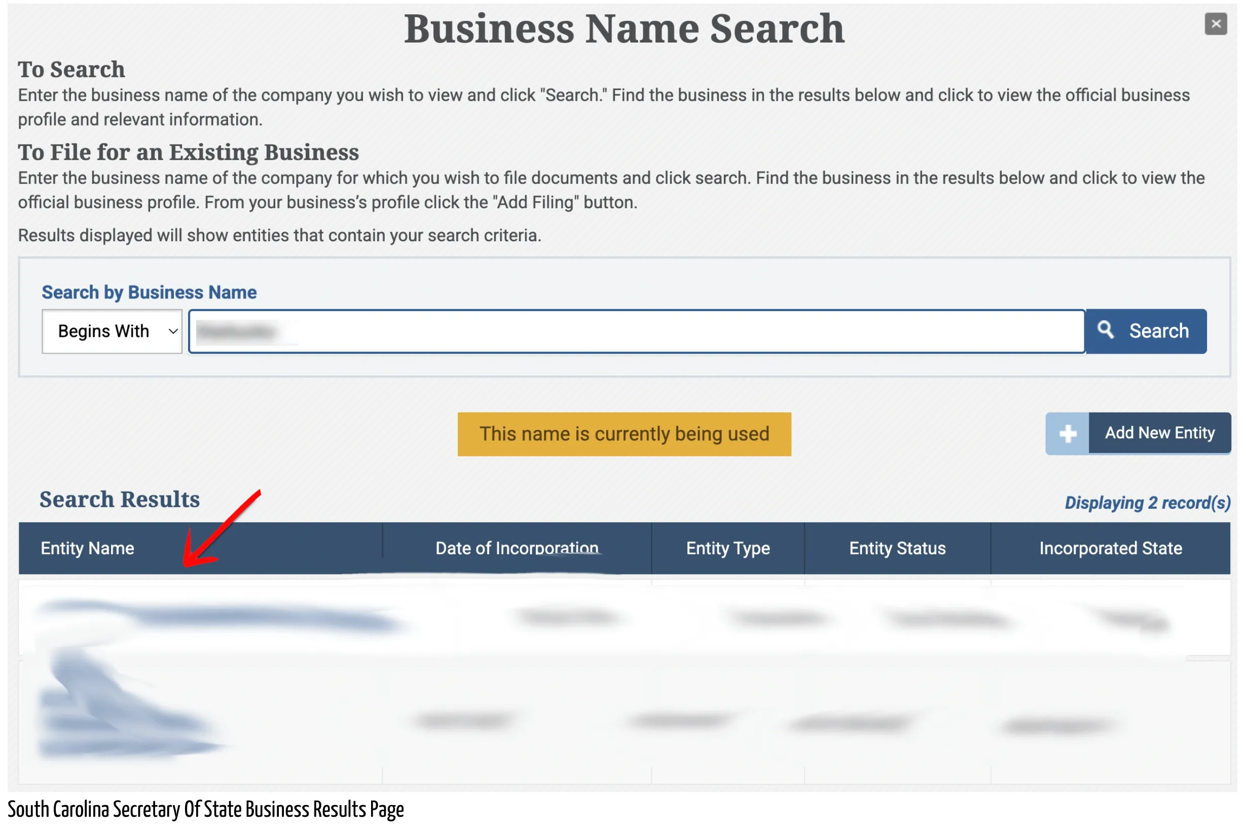 South Carolina search results table showing matching business name, type, and incorporation date