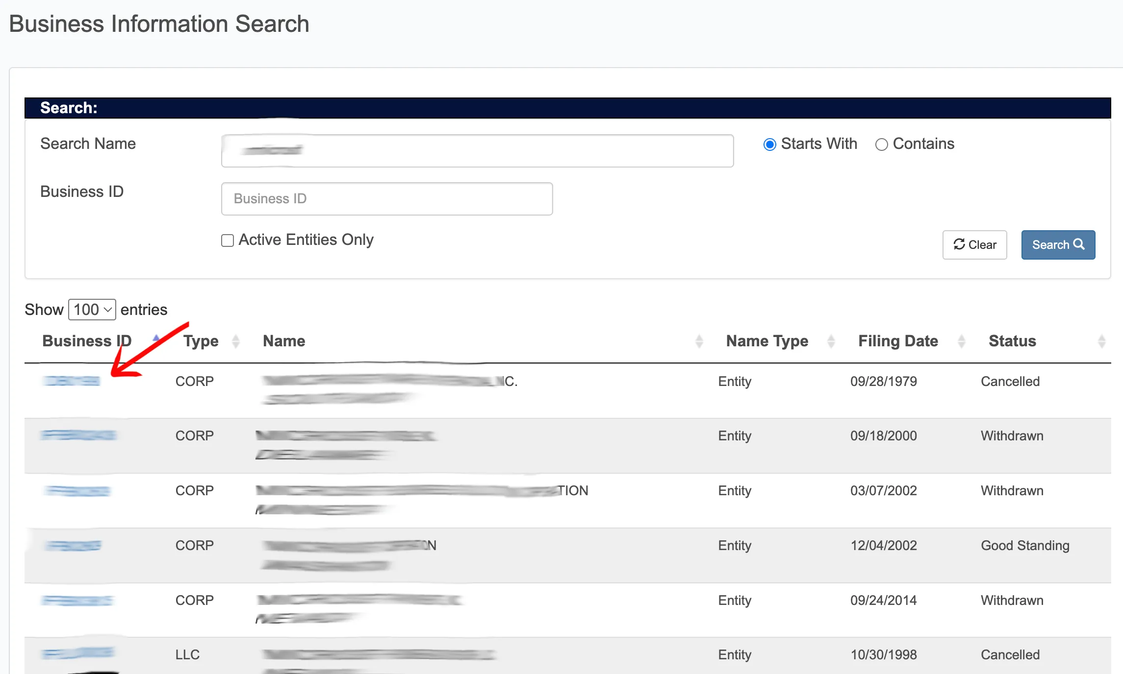 South Dakota business search results table with columns for ID, Type, Name, and Status