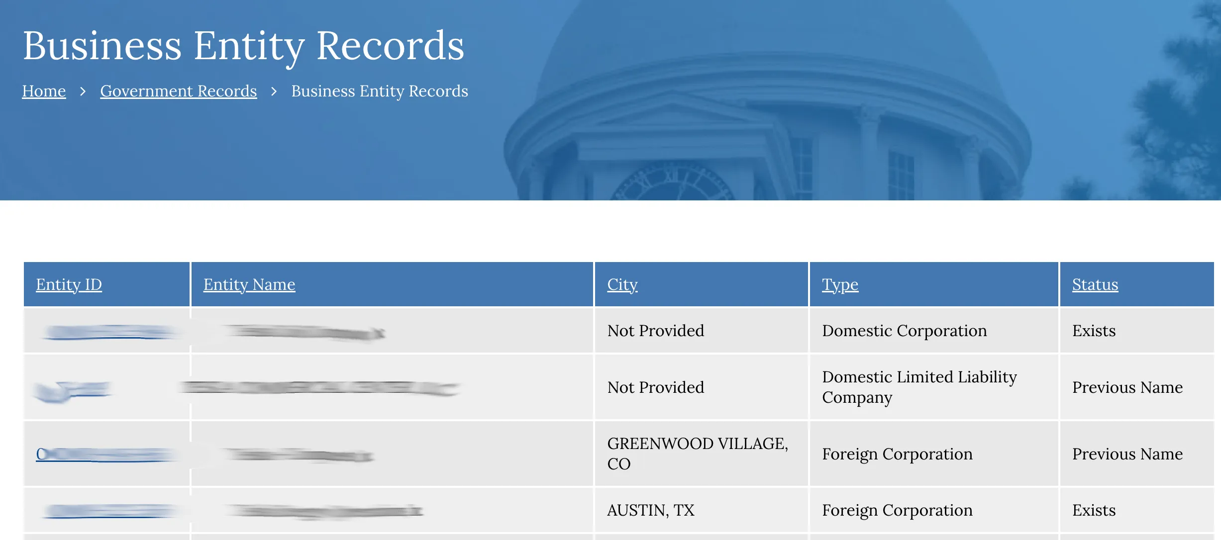 Search results list with entity IDs and names