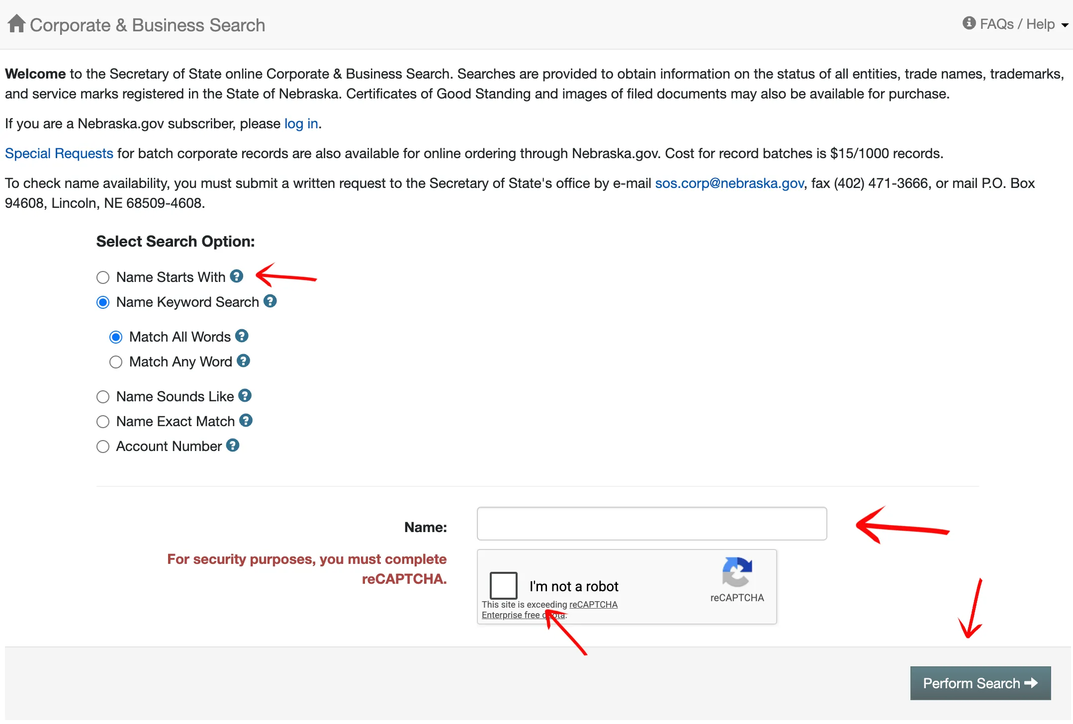 Nebraska search page showing captcha requirement solved