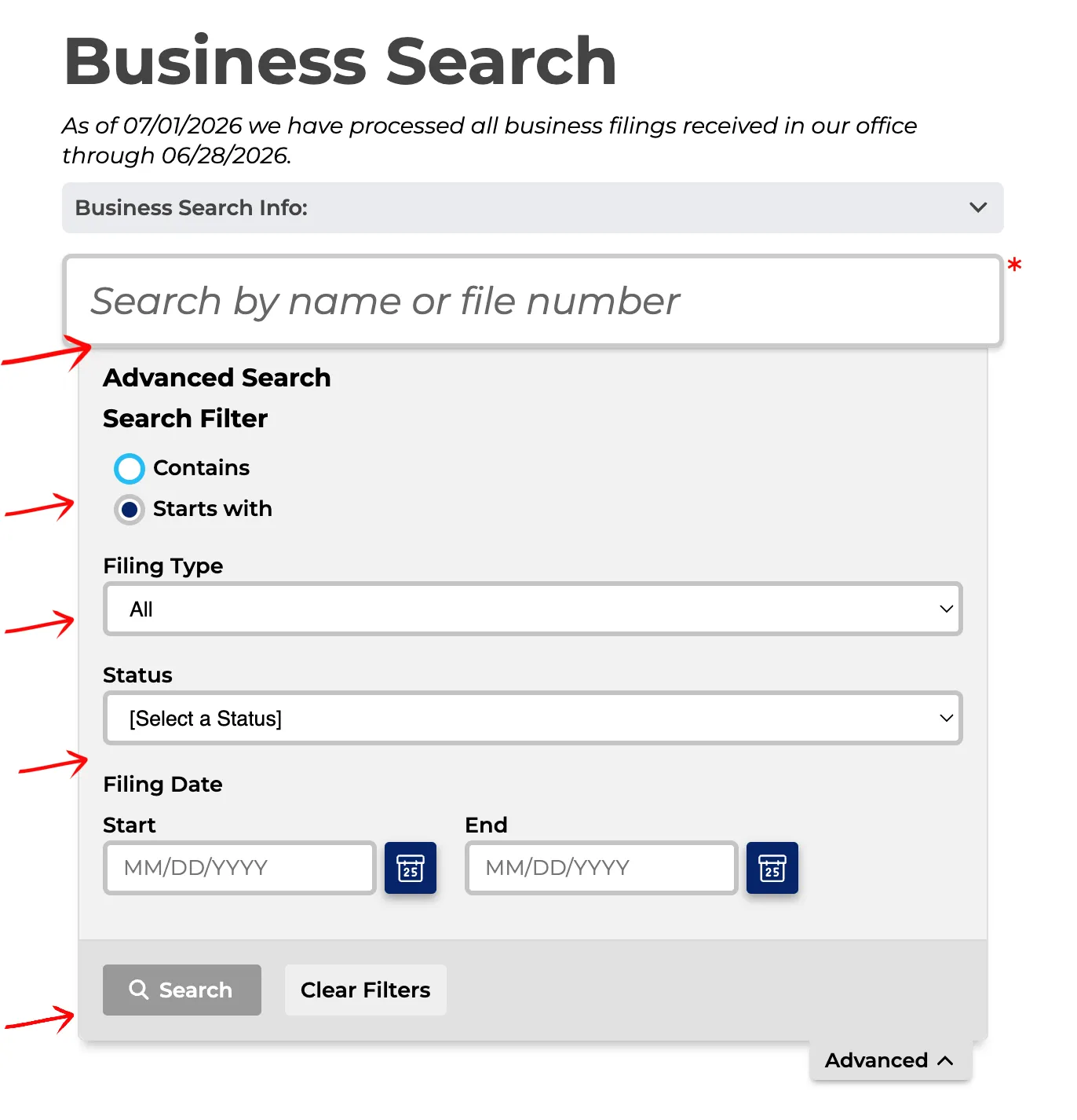 Pennsylvania search results table displaying name, filing date, type, and address