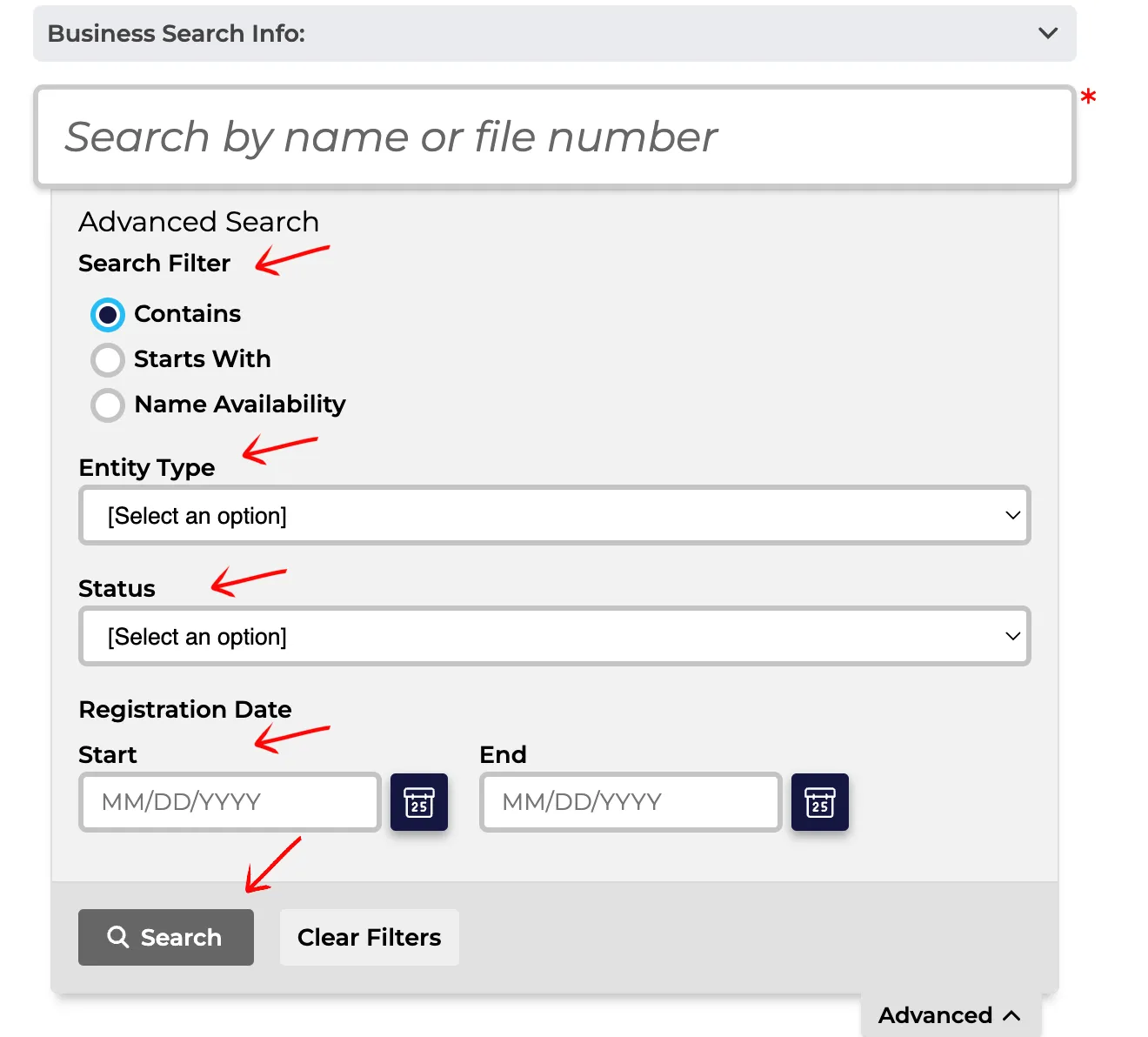 New Mexico search page with advanced filters including match options, type, and status