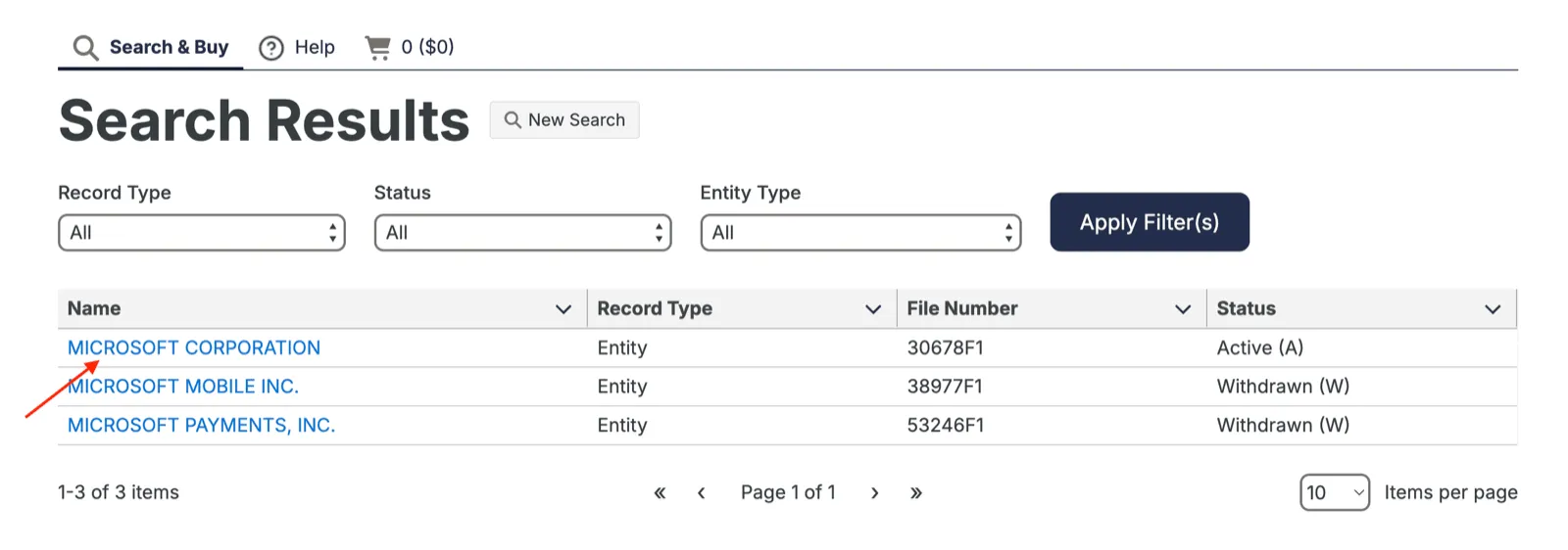 Hawaii Business Express search results table with record type, file number, and status columns