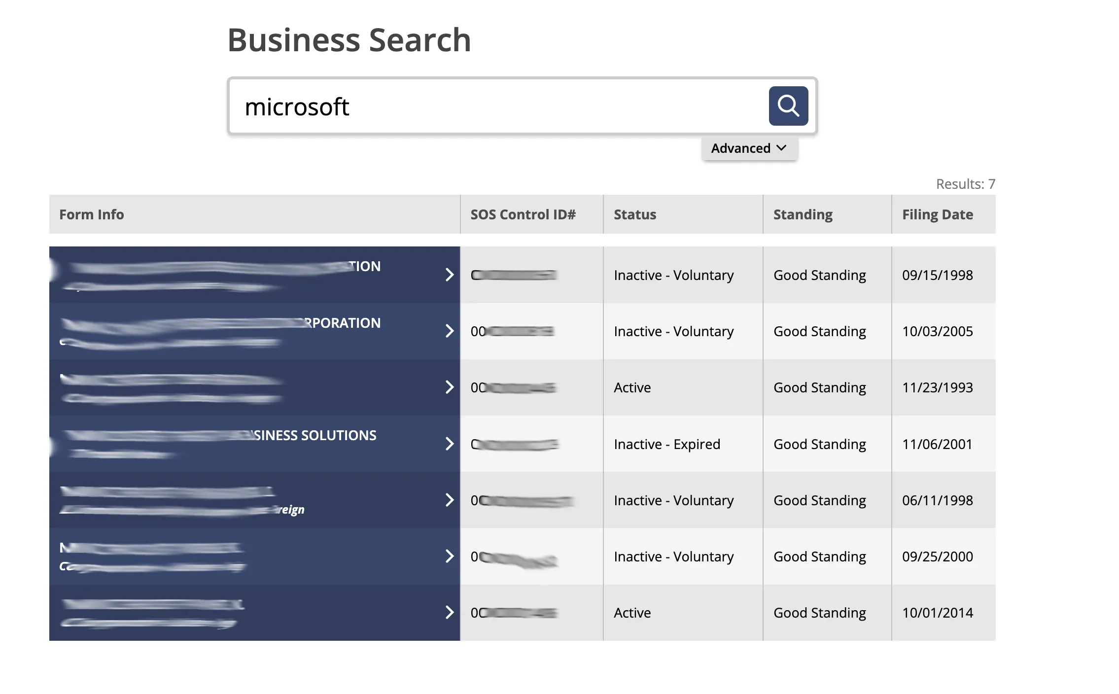 North Dakota search results table