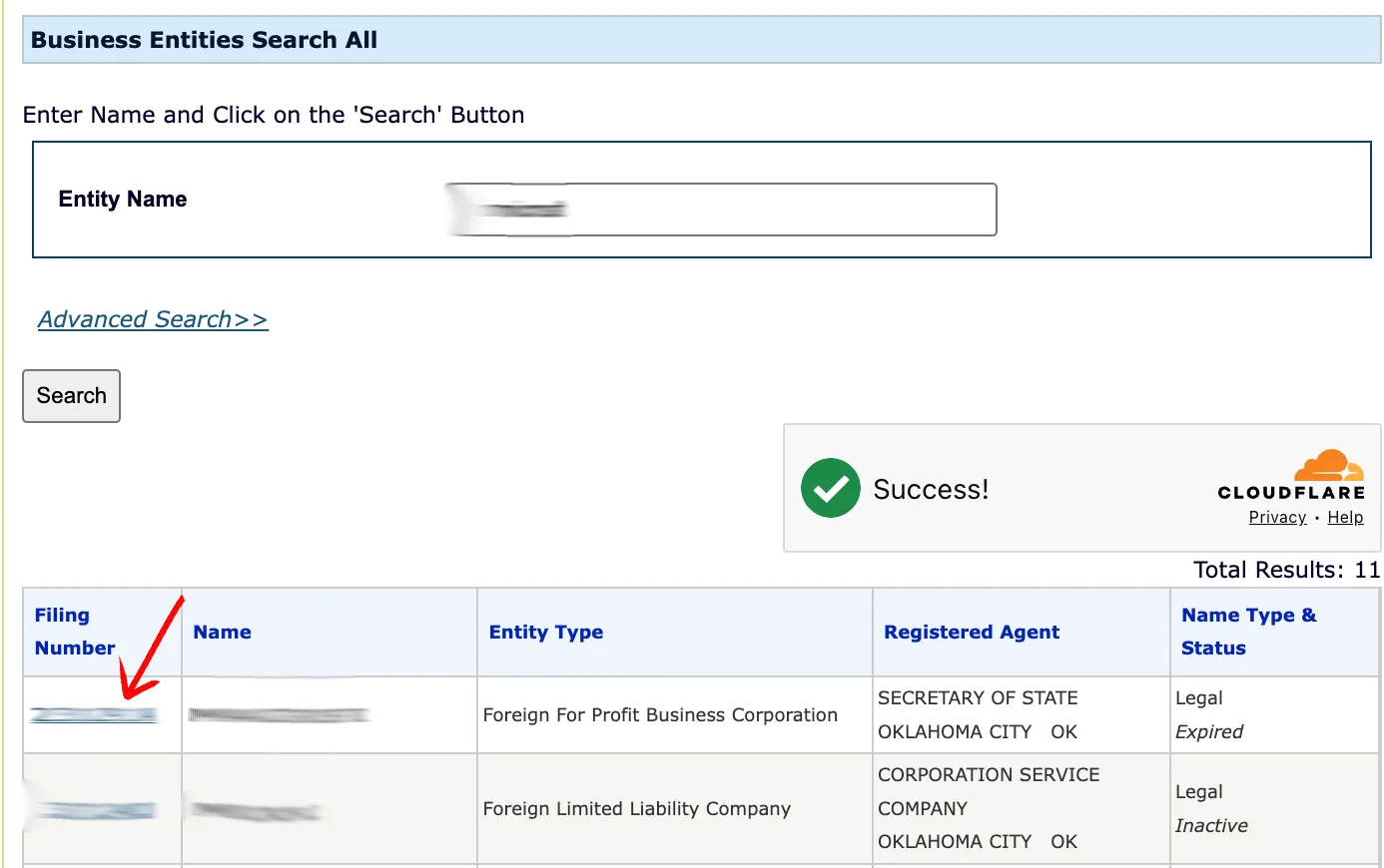Oklahoma search results table showing filing number, name, and agent