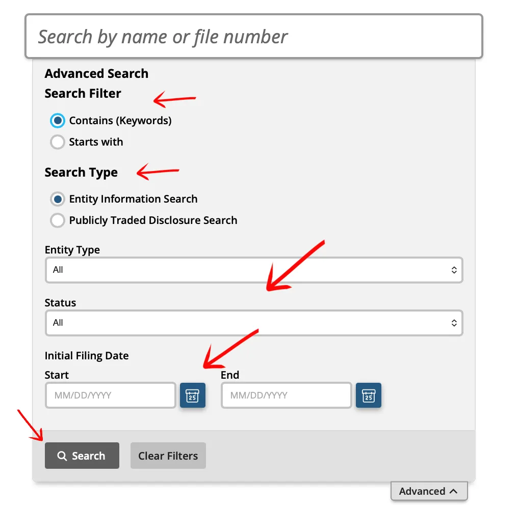 California bizfileOnline advanced search filters for search type, entity type, status, and filing date