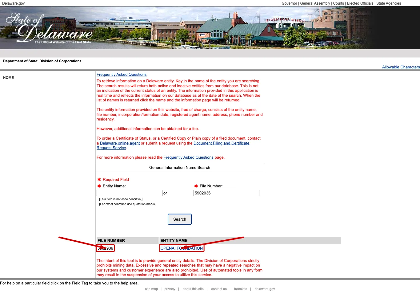 Delaware business entity search results table with file number and entity name