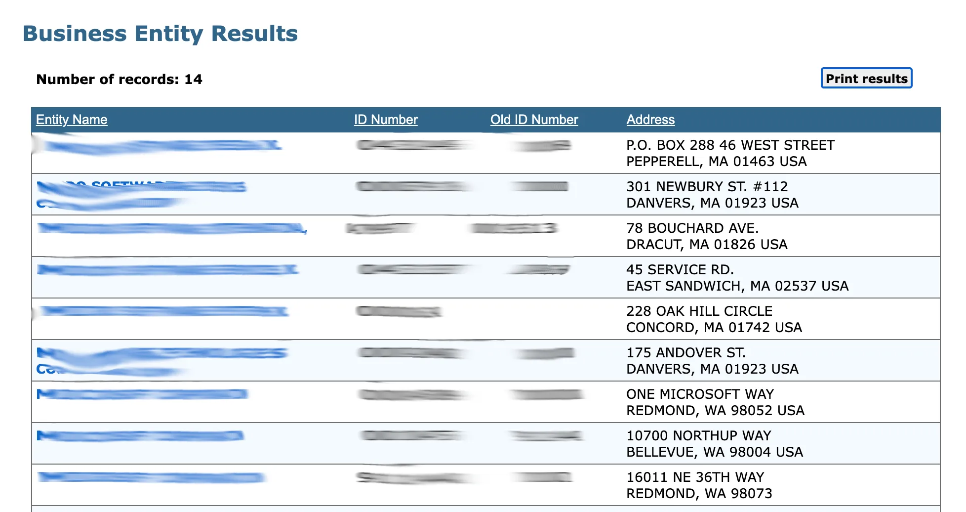 Massachusetts business entity search results table showing matching entities