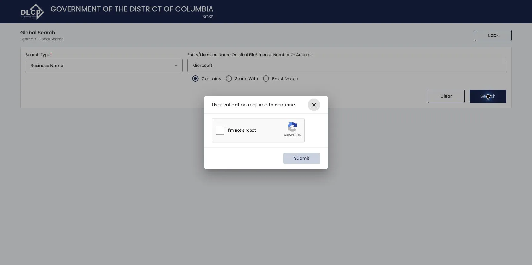 Security reCAPTCHA checkbox for user validation on the BOSS portal