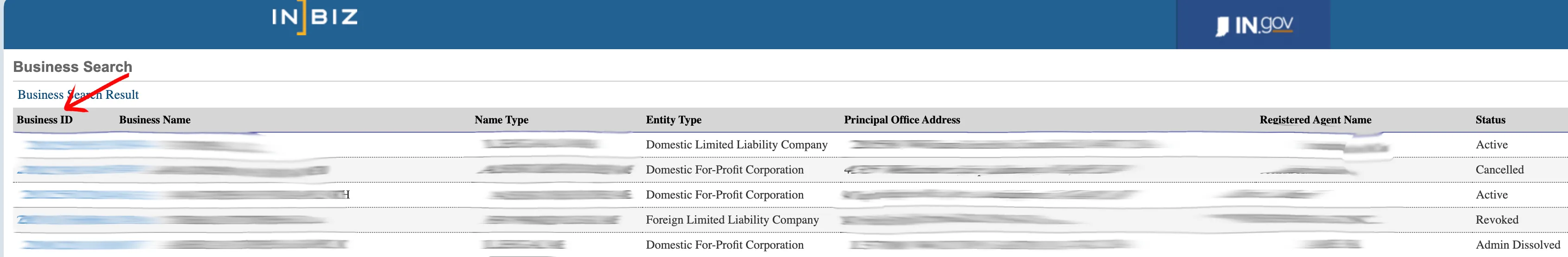 Indiana INBiz search results table showing business ID, business name, name type, entity type, address, registered agent, and status