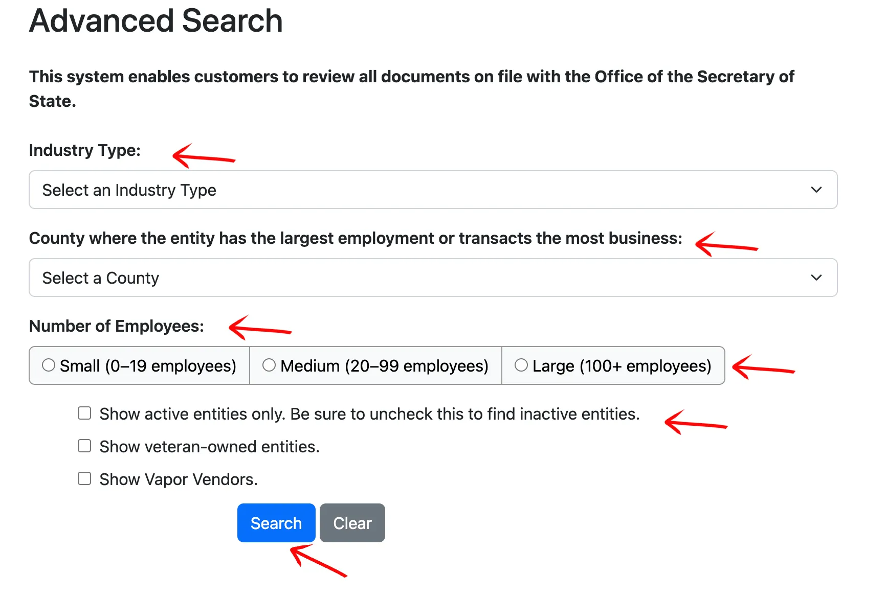 Kentucky Advanced Business Search form with advanced filters