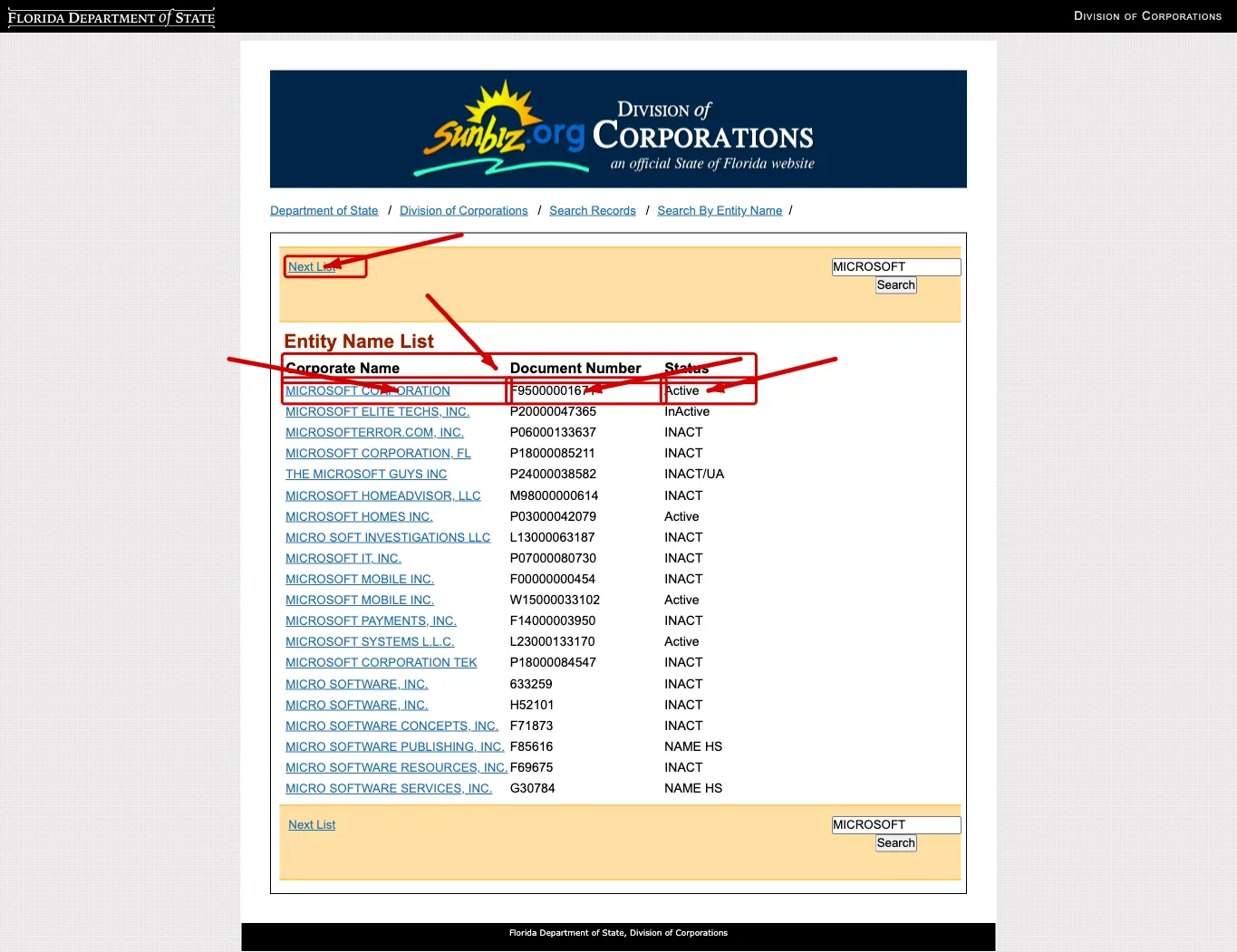 Florida entity search results table showing corporate names, document numbers, and status